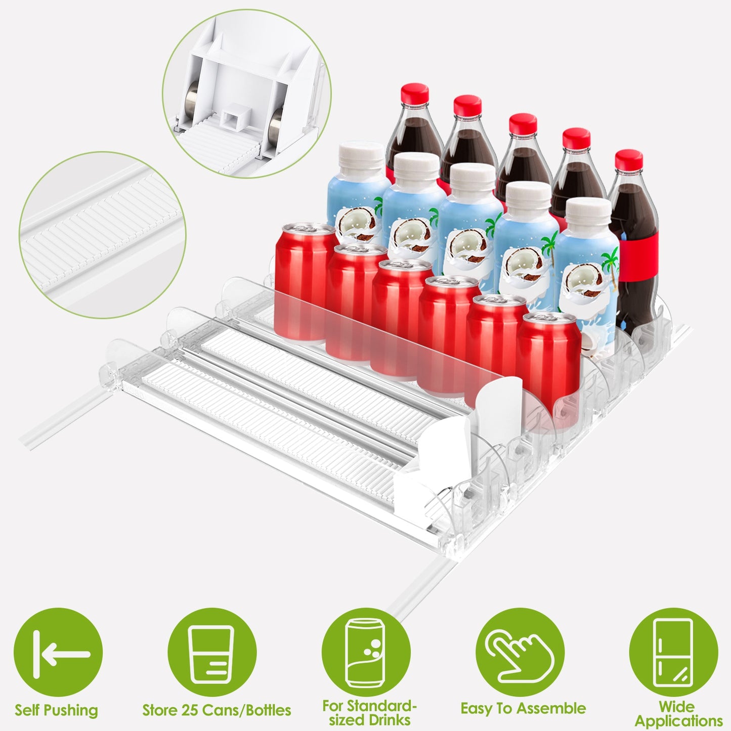 Drink Organizer for Fridge Spring Loaded Beverage Dispenser Width Adjustable Drink Holder with Automatic Pusher Glide 5 Rows Hold up to 25 Cans Bottle
