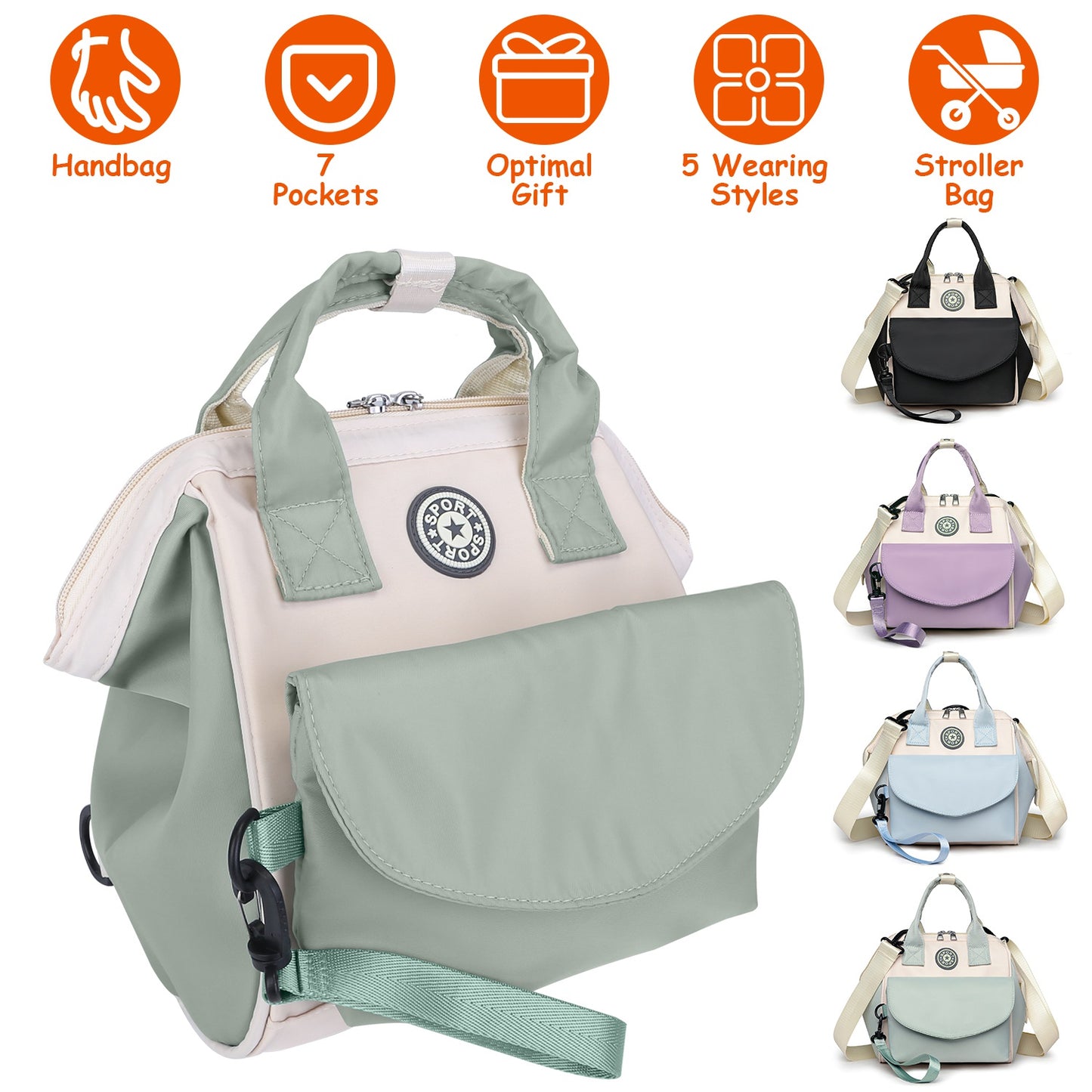 Baby Nappy Diaper Bag with 6 Pockets Burp Cloth Adjustable Shoulder Strap Detachable Small Bag Multifunctional Diaper Changing Bag with 2 Insulated Po