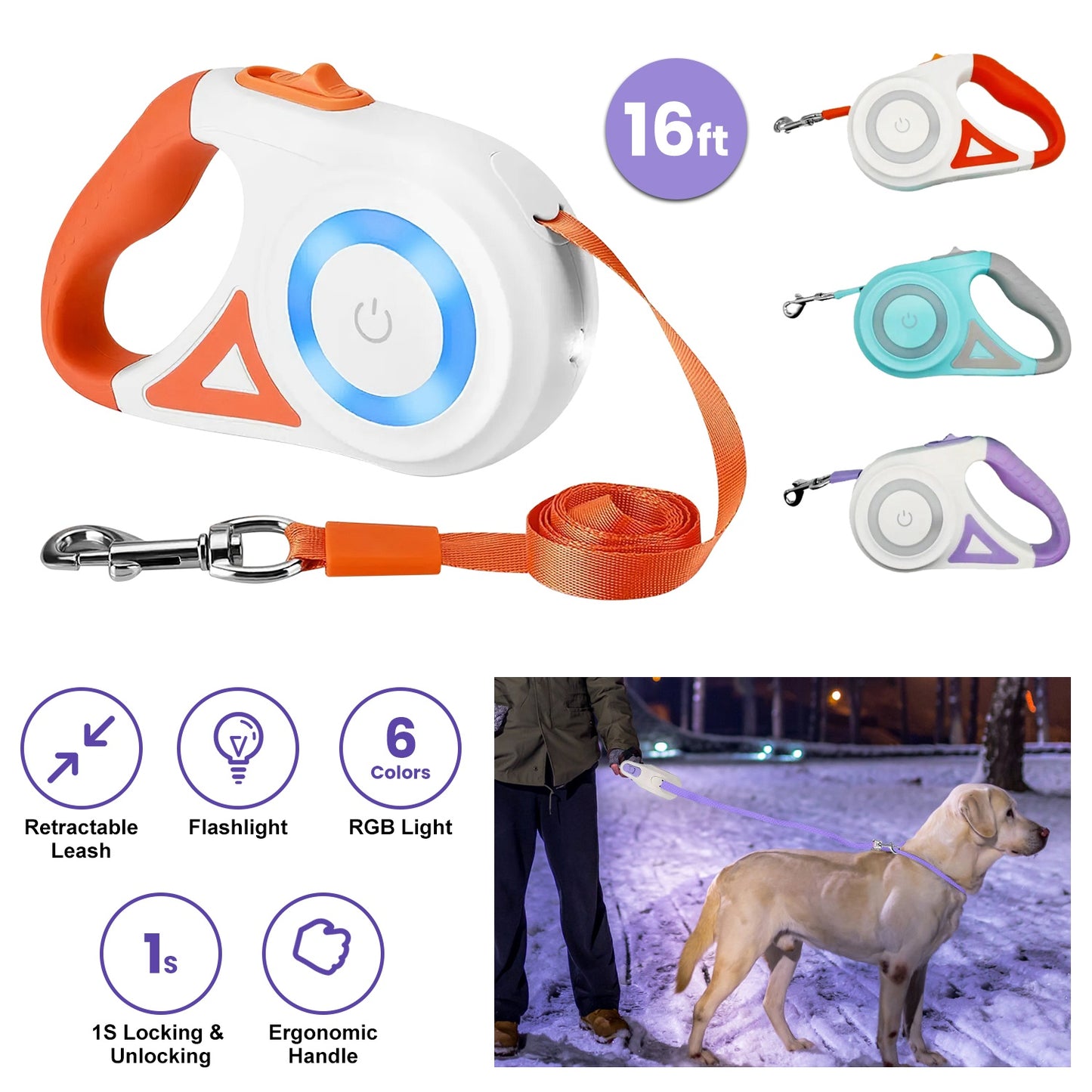 16FT Retractable Dog Leash Extendable Pet Leash Dog Walking Leash with Flashlight RGB Light 2 Rolls of Waste Bags Dispenser Fit for 66-110lbs