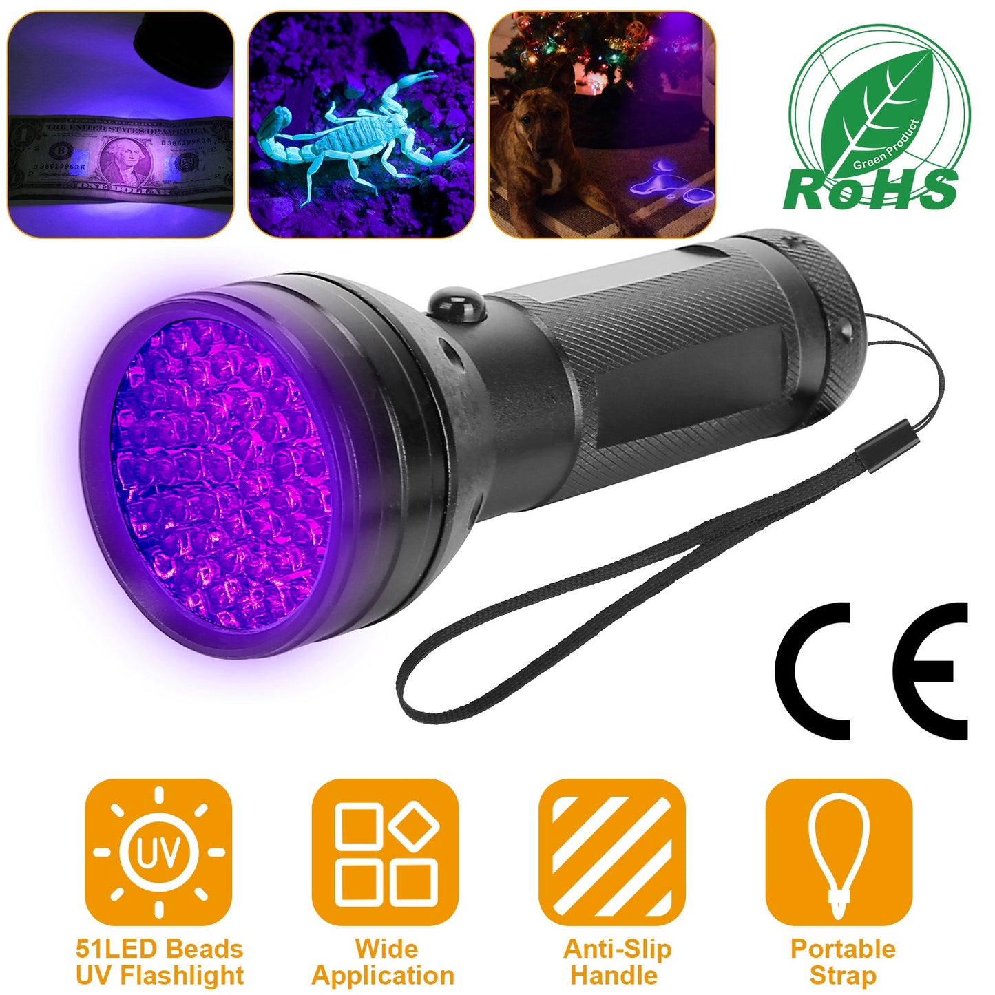 Black Light UV Flashlight 51 LED 395nm Ultraviolet Torch Pet Urine Detector Light For Scorpion Hunting Banknote