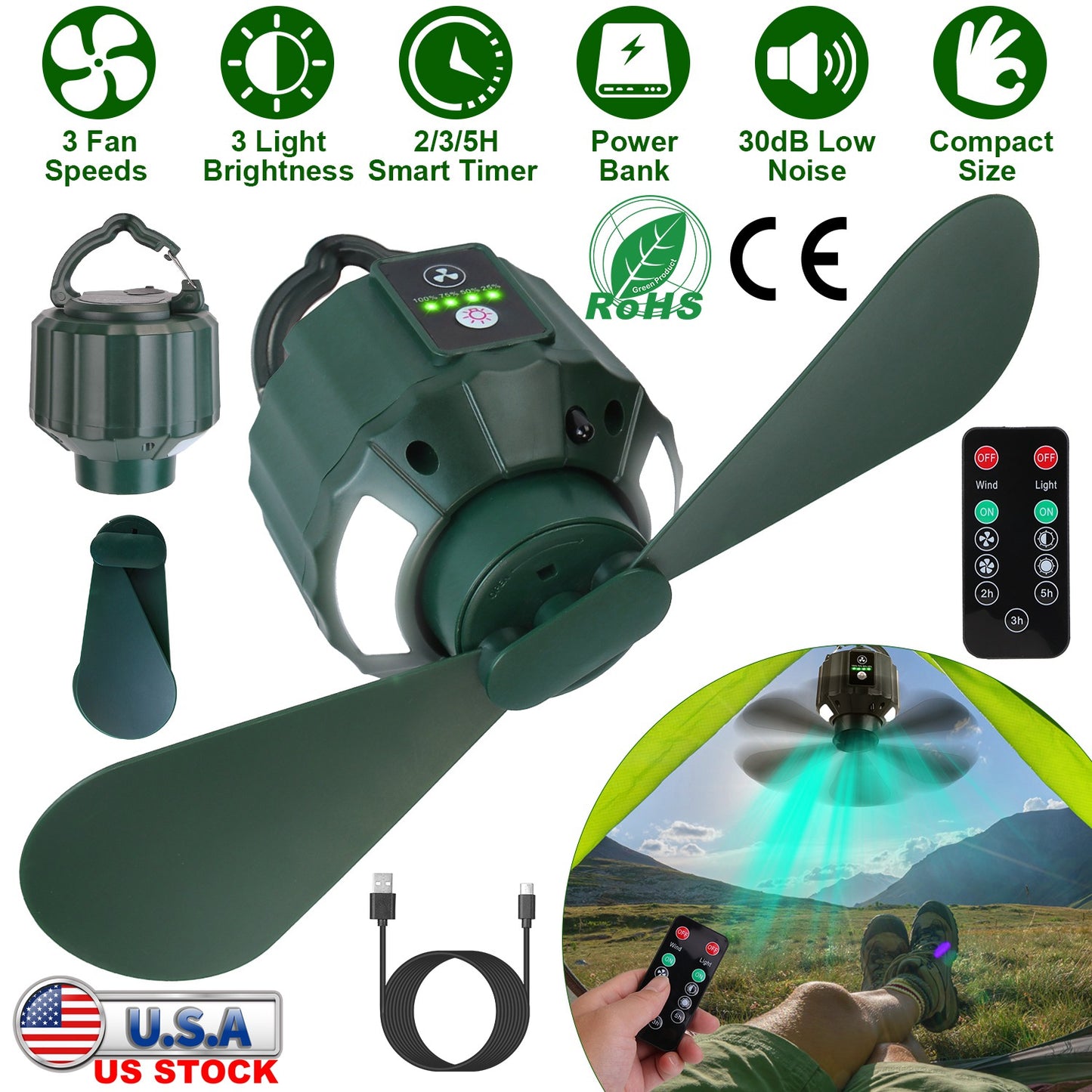 Portable Camping Ceiling LED Fan 5200mAh USB Battery Powered Hanging Tent Lantern Fan Power Bank with 3 Fan Speed 3 Light Brightness Smart Timer Remot