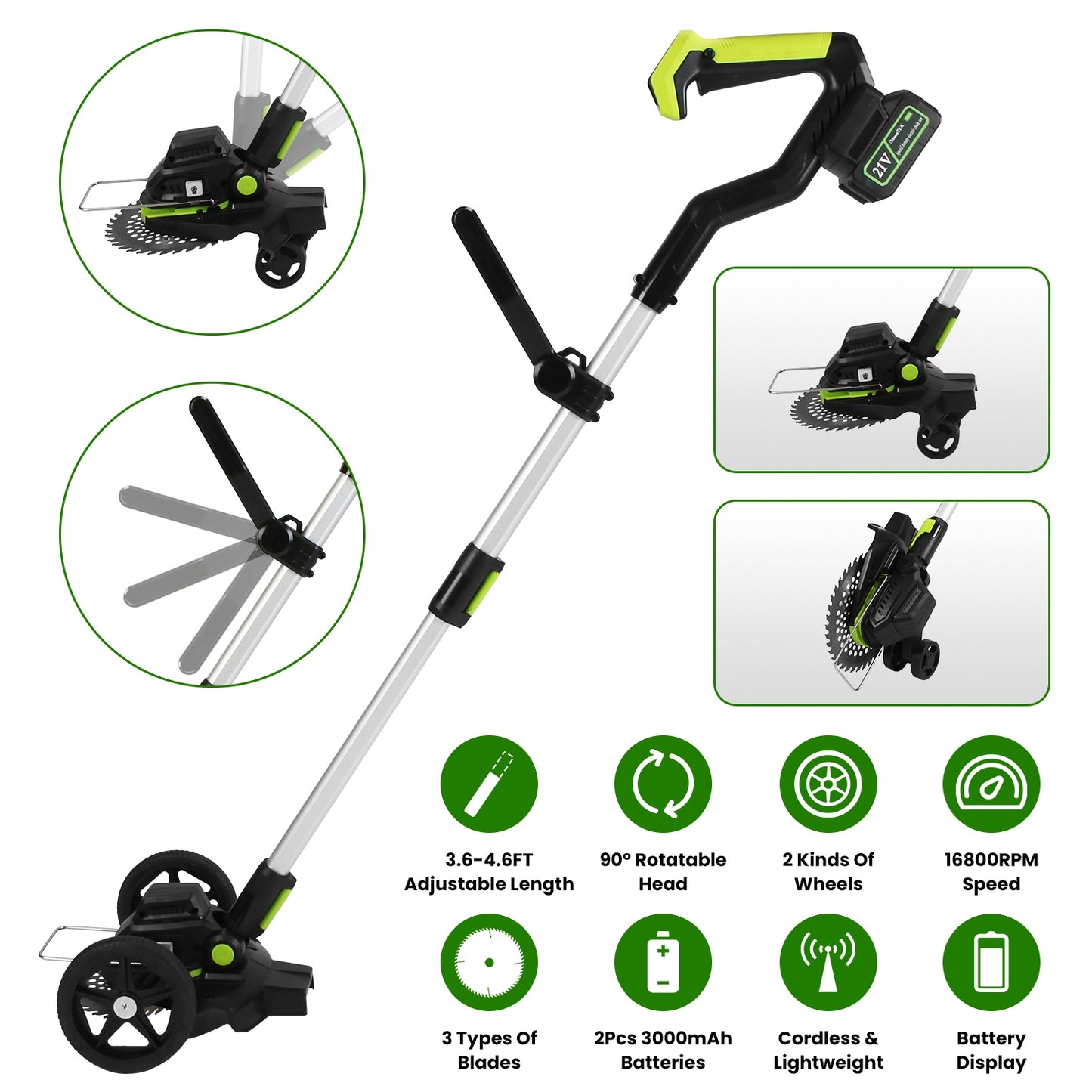 21V Electric Weed Edger Cordless String Trimmer Grass Mower Eater Bush Cutter with 16800RPM 2x 3000mAh Batteries 3.6-4.6FT Length 90¡ Rotatable Angle