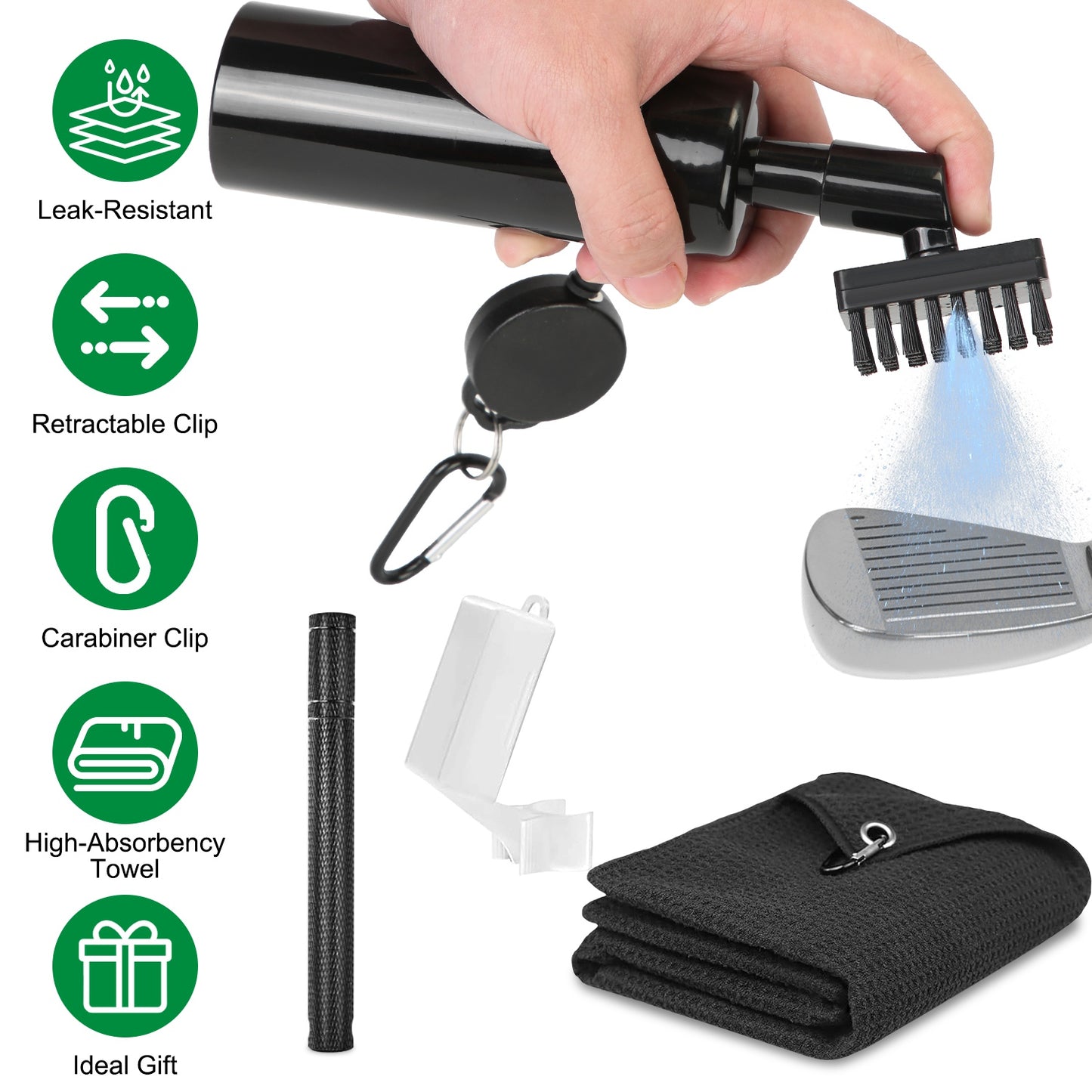 3 In 1 Golf Club Cleaning Kit Golf Club Cleaner Brush with 5Oz Water Bottle Retractable Clip Groove Sharpener Golf Towel Gift for Golfers