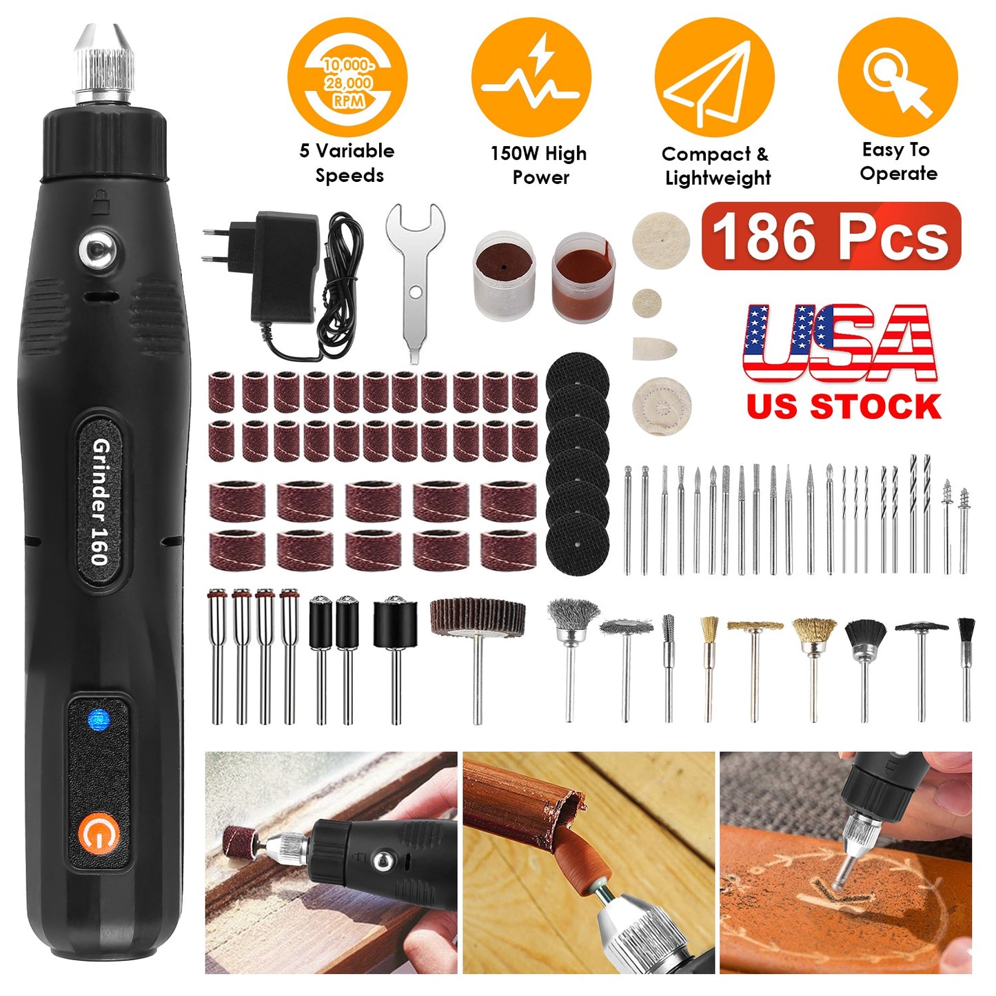 Mini Corded Rotary Power Tool Set of 186Pcs Electric Detail Sander Grinding Pen Small Drill Kit Engraver with 5 Speeds for Sanding Polishing Drilling