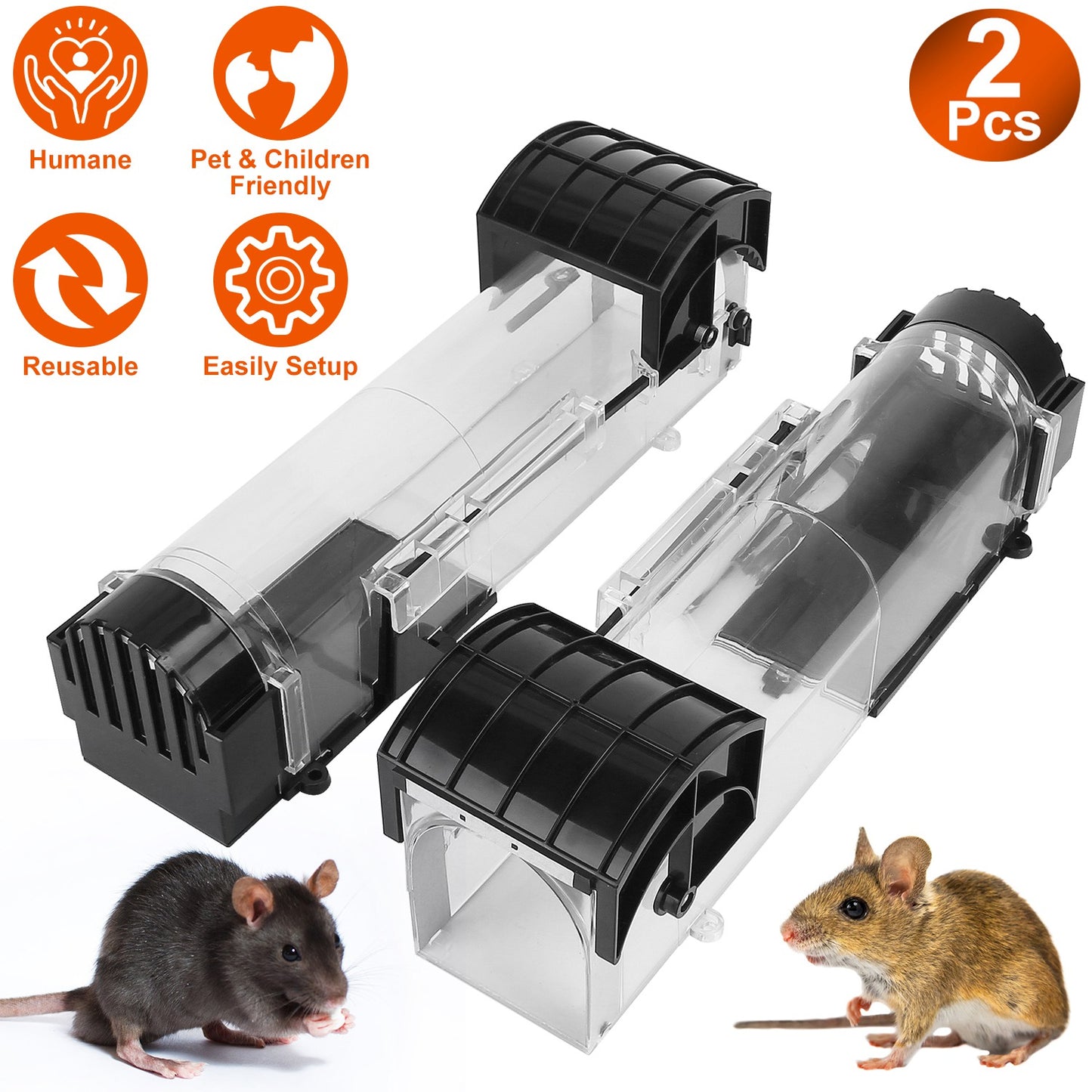 2Pcs Humane Live Mouse Trap Reusable Rat Rodent Trap Catch Release Cage Safe for Family Children Pets Easy Setup