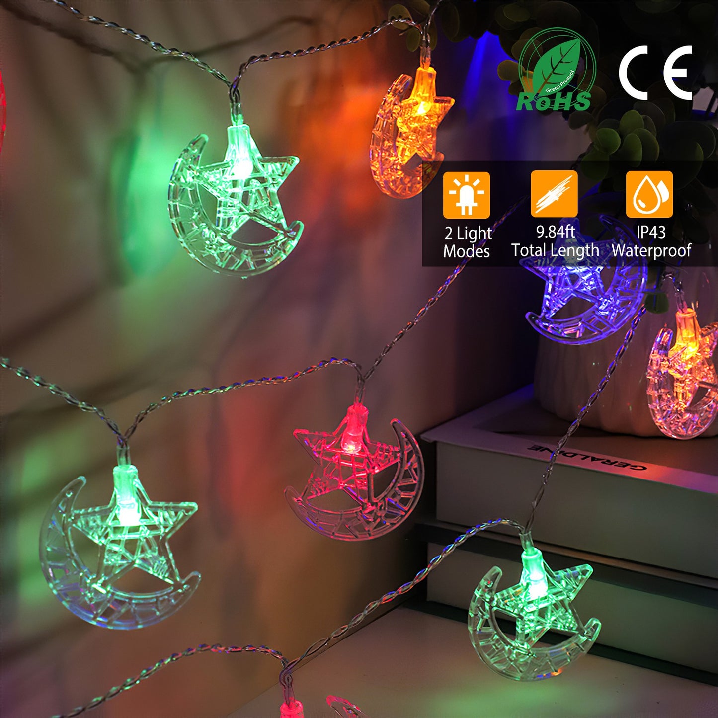 LED Star Moon IP43 Waterproof String Lights 2 Light Modes Battery Powered Decorative Light for Ramadan Christmas Wedding Party Home Patio Multi-color
