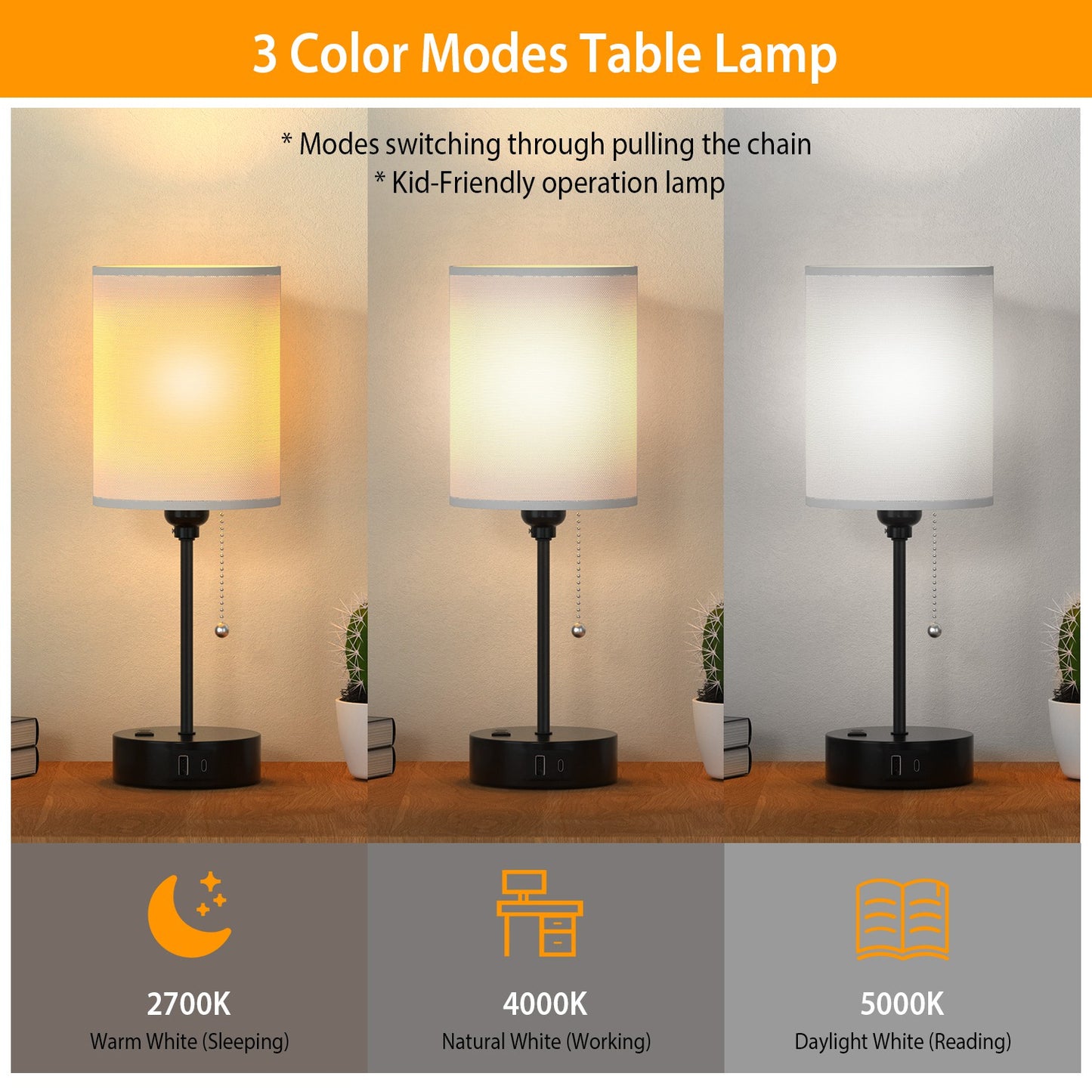 2Pcs Beside Lamps for Bedroom 3 Color Modes Nightstand Lamp USB C+A AC Output Ports Pull Chain E26 Bulb Light