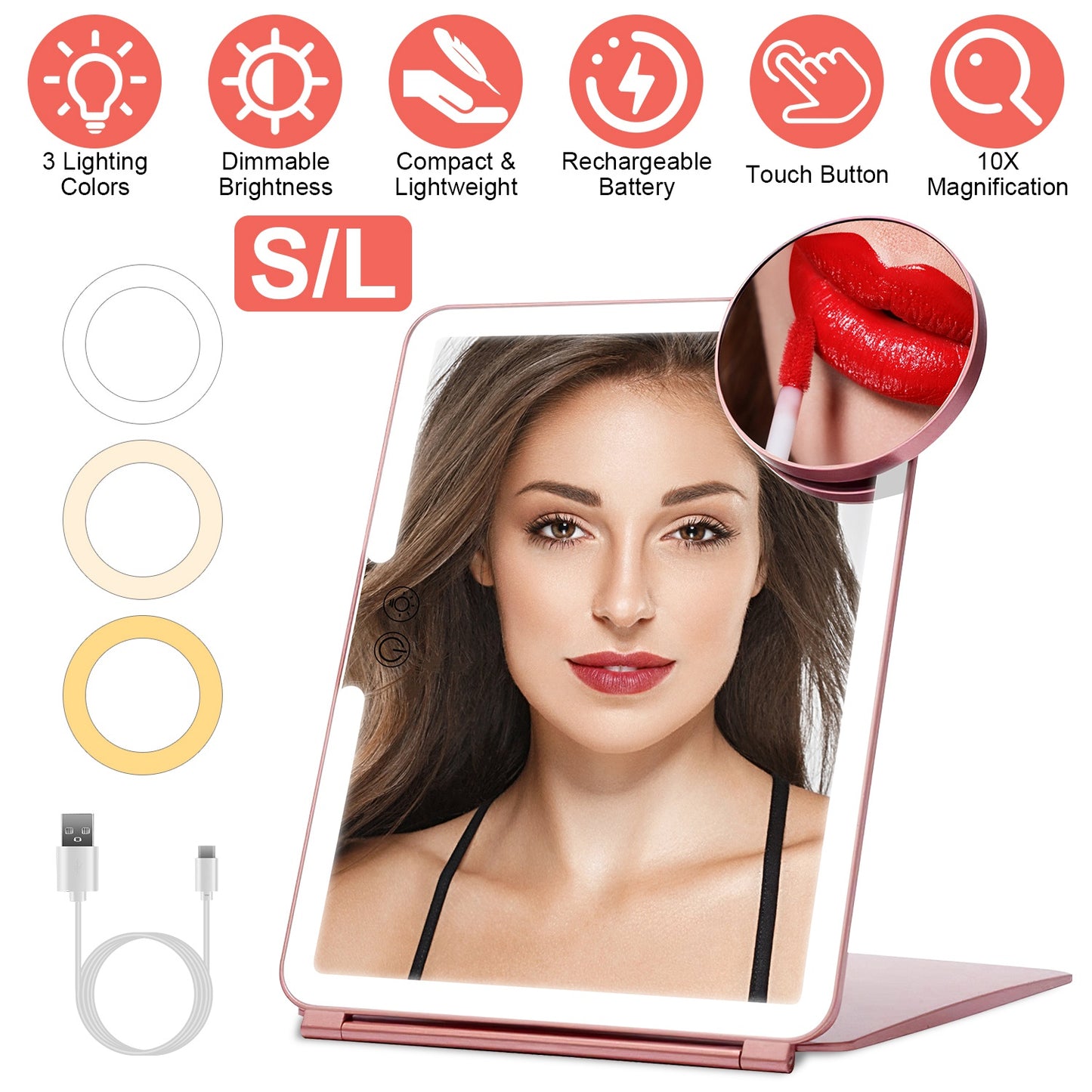 Folding Travel Makeup Mirror With 10X Magnifying Mirror 3 Color LED Lights Dimmable Brightness Rechargeable Battery Tabletop Portable Cosmetic Mirror