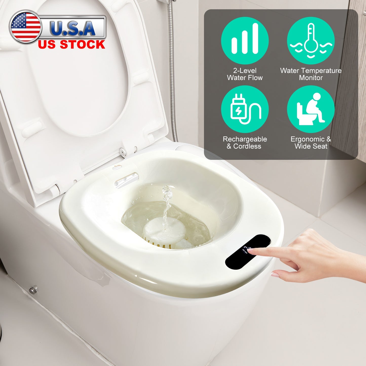 Electric Sitz Bath Tub Sits Bath Soak Pan Salts BowlÊPostpartum Care Basin for Toilet Seat with 2-Level Water Flow Water Temperature DisplayÊ1500mAh B