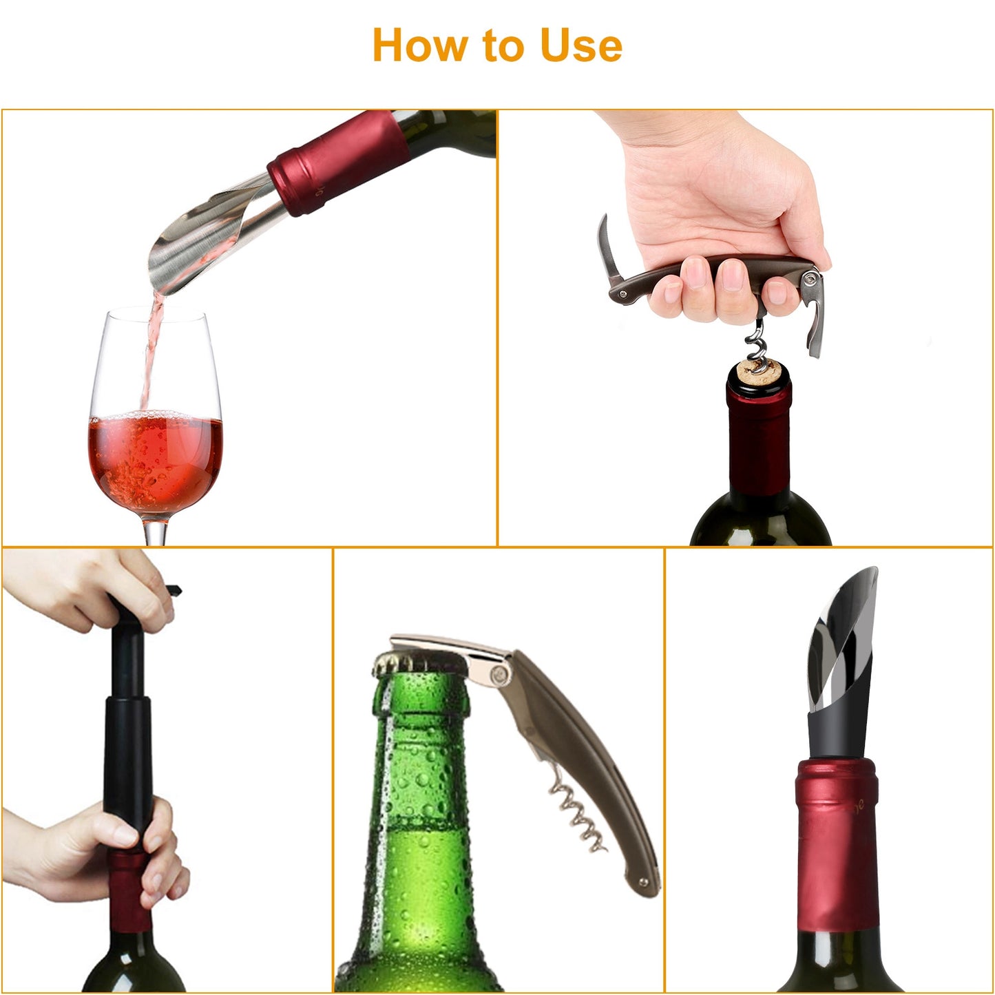 5 Pcs Wine Bottle Opener Set Wine Accessories Kit w/ Corkscrew Pourer Stopper Vacuum Pump for Home Use Sommeliers Waiters Bartenders