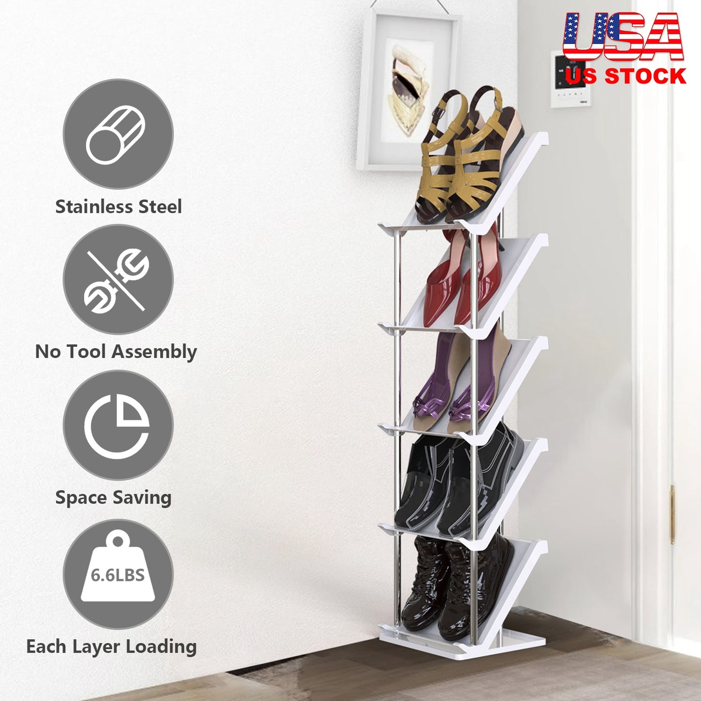 5 Tier Vertical Shoe Rack Narrow Free Standing Storage Organizer for Entryway Space-Saving Stackable Shoe Holder Corner Shoe Tower For Entryway Bedroo