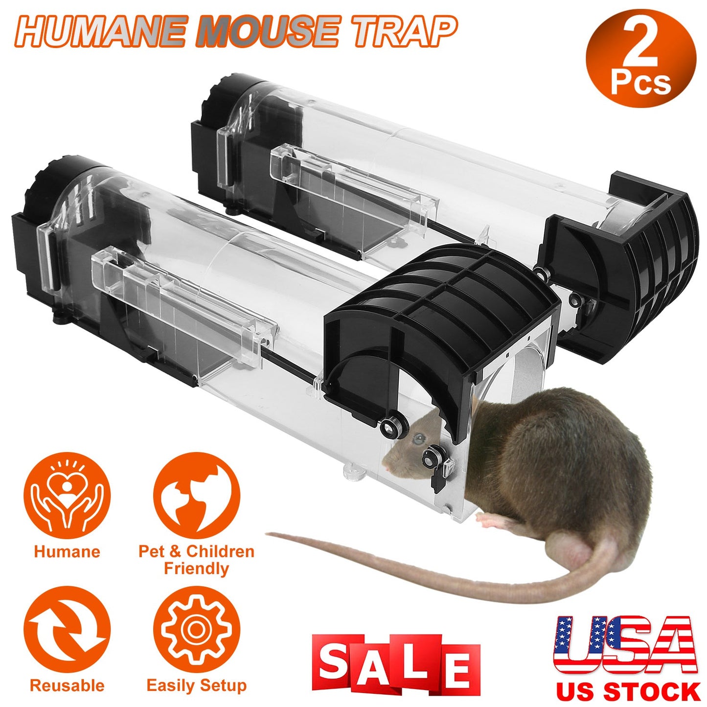 2Pcs Humane Live Mouse Trap Reusable Rat Rodent Trap Catch Release Cage Safe for Family Children Pets Easy Setup