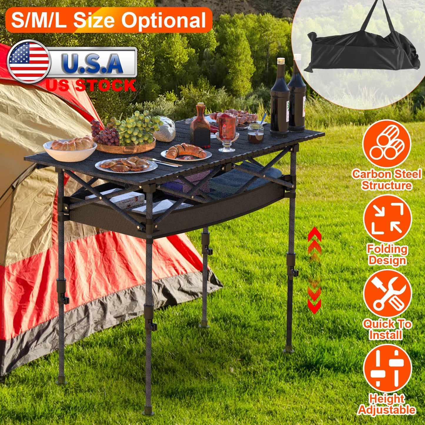 Portable Folding Camping Table With Adjustable Height Hanging Net Rustproof Carbon Steel Foldable Roll-Up Camping Table for Picnic Camping Hiking Beac