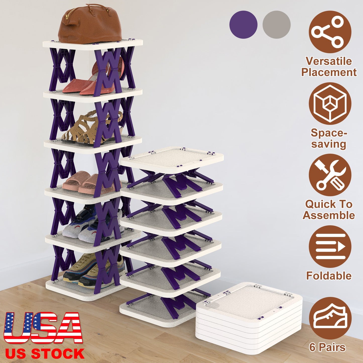 6 Tier Foldable Shoe Rack Vertical Shoe Organizer Narrow Shoe Rack for Small Spaces Space Saving Free Standing for Corner Entryway Hallway Bedroom