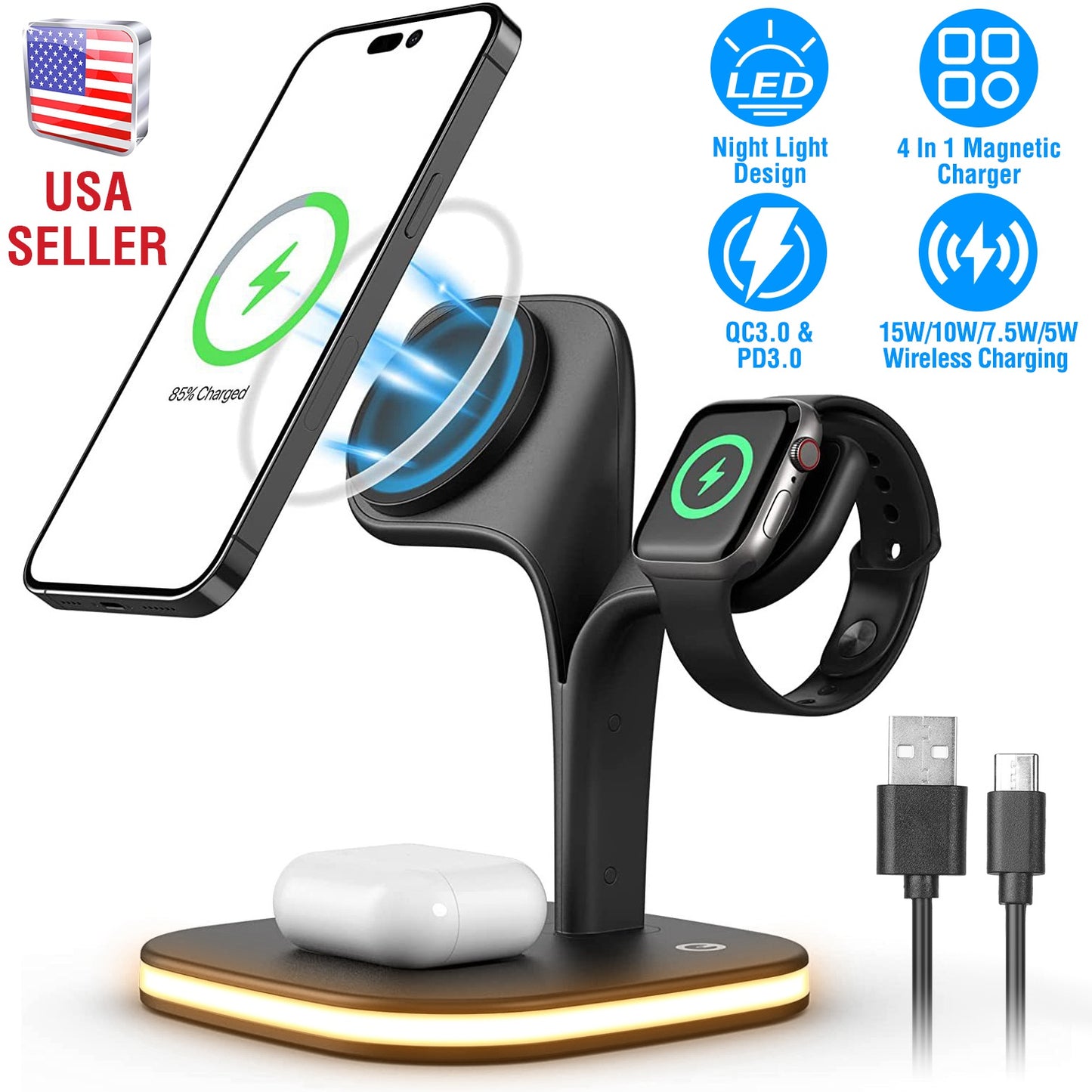 4 in 1 Magnetic Wireless Charging Station Dock Charger 15W Fast Charging Stand Nightlight Fit for iPhone 14 13 12 Pro Pro Max Mini iWatch 7 6 5 4 3 2