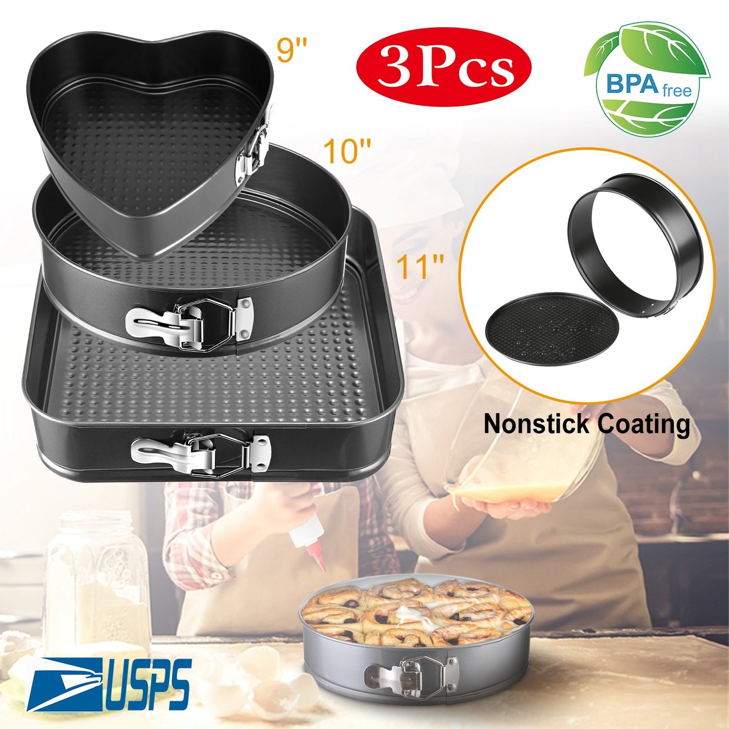Non-stick Springform Cake Pan Leakproof 9"10"11" Bakeware Pan w/ Removable Bottom 3Pcs/Set