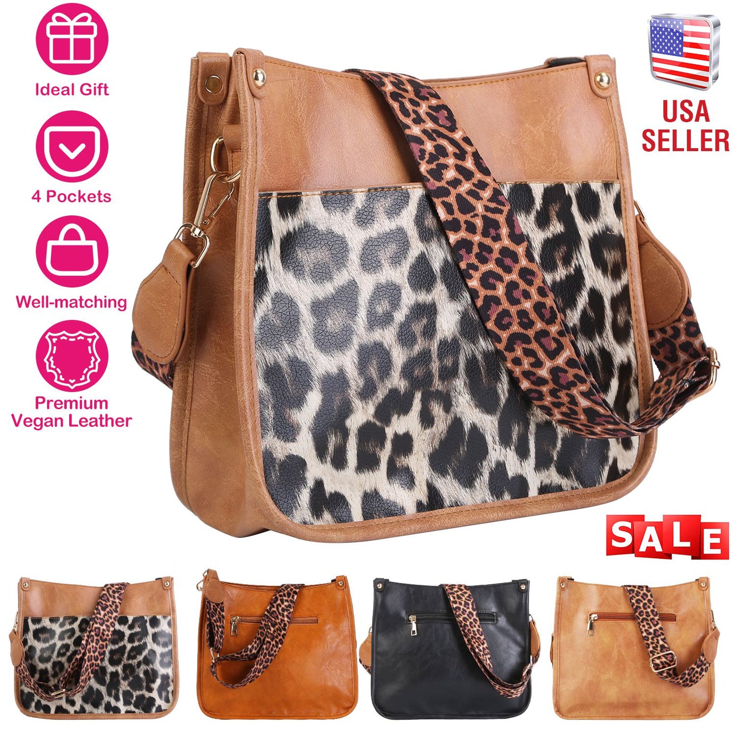 Women Fashion Leather Crossbody Bag Shoulder Bag Casual Handbag with Flexible Wearing Styles Adjustable Guitar Strap