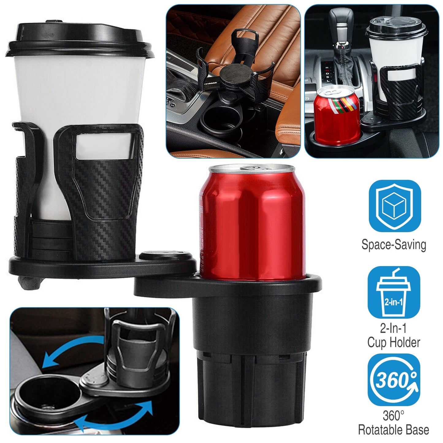 2 In 1 Car Cup Holder Extender Adapter 360¡ Rotating Dual Cup Mount Organizer Holder For Most 20 oz Up To 5.9" Coffee Drinking Bottles Key Glass Stora