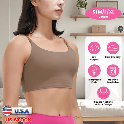 Women Strap Sport Bras Padded Strappy Crop Square Neck Low Impact Bras Sexy Fitness Tank Tops with Removable Pads Flat Straps for Gym Yoga Workout Run