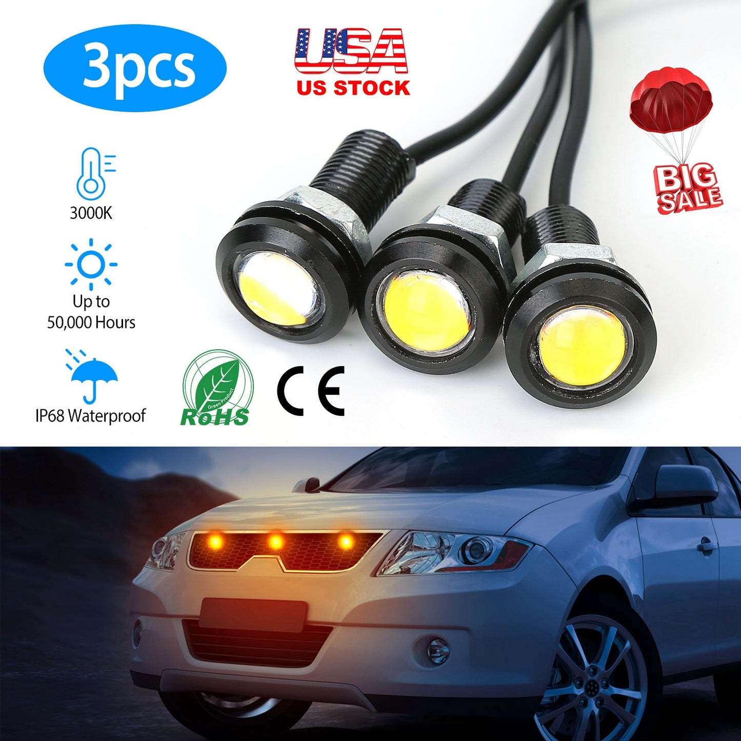 3Pcs Amber Eagle Eye LED Light Bulbs 12V 18MM Waterproof DRL Lights Fog Tail Front Grill Bumper Backup Clearance Marker Light