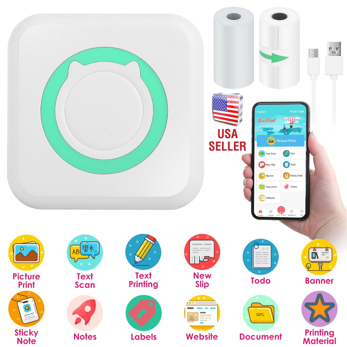 Pocket Wireless Thermal Printer Portable Mini Sticker Maker Machine Rechargeable Inkless Photo PrinterÊfor Printing Label Journal Study Notes Memo Pho