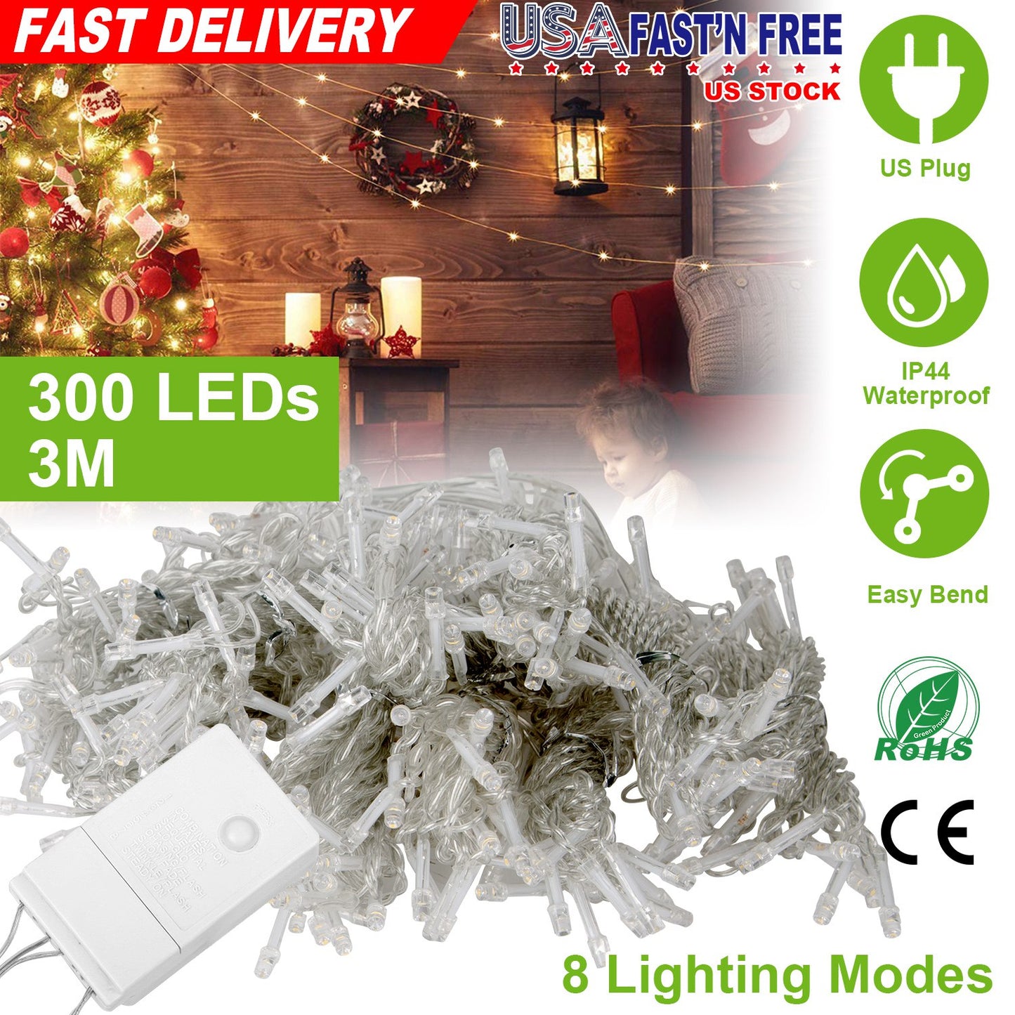 3M 300 LEDs String Curtain Light IP44 String Fairy Lights Party Xmas Decor Lamps W/ Remote