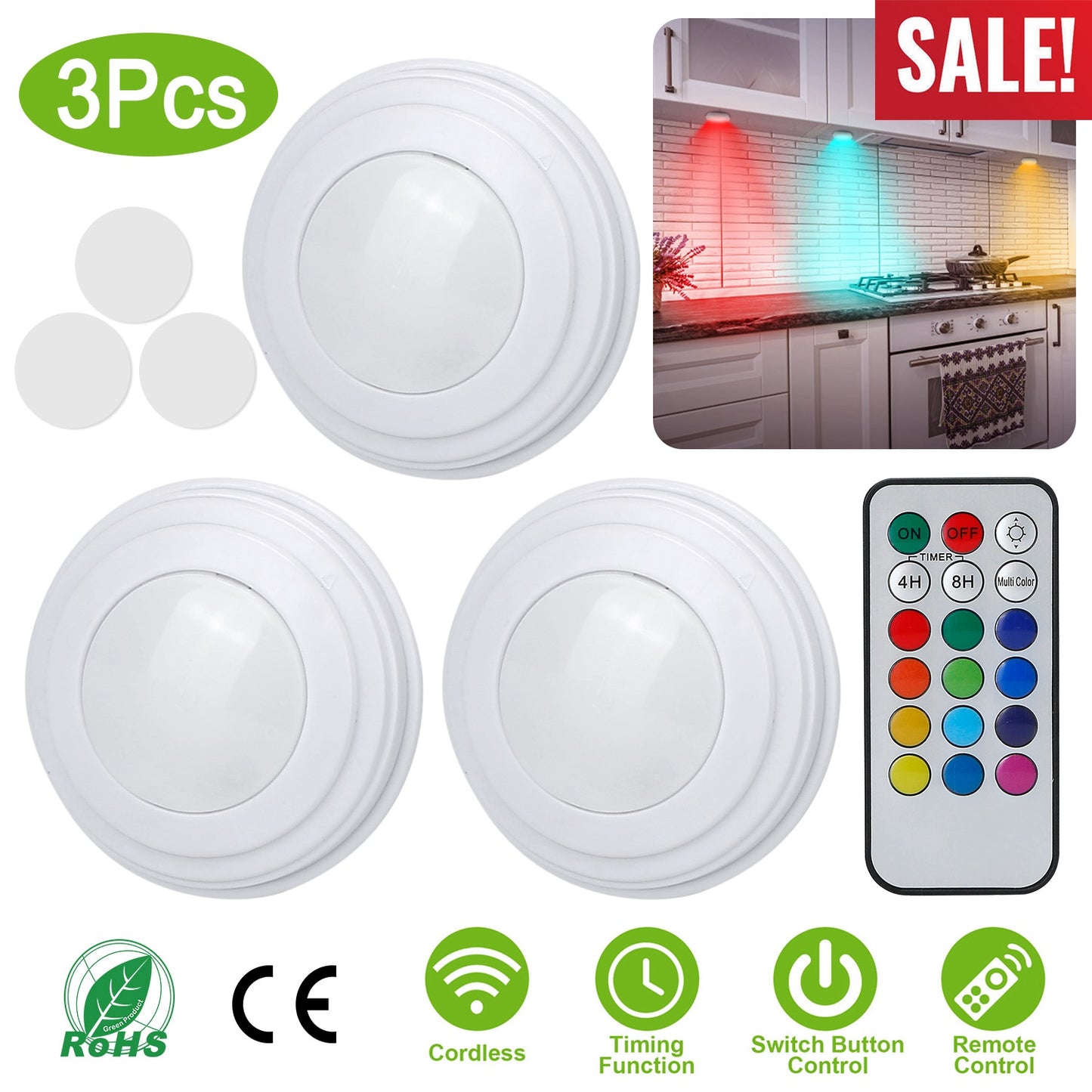 3Pcs RGB Cabinet Lights Remote Control Under Closet Stick On Lamp Multi Color LED Light Light w/ 4/8Hrs Timer