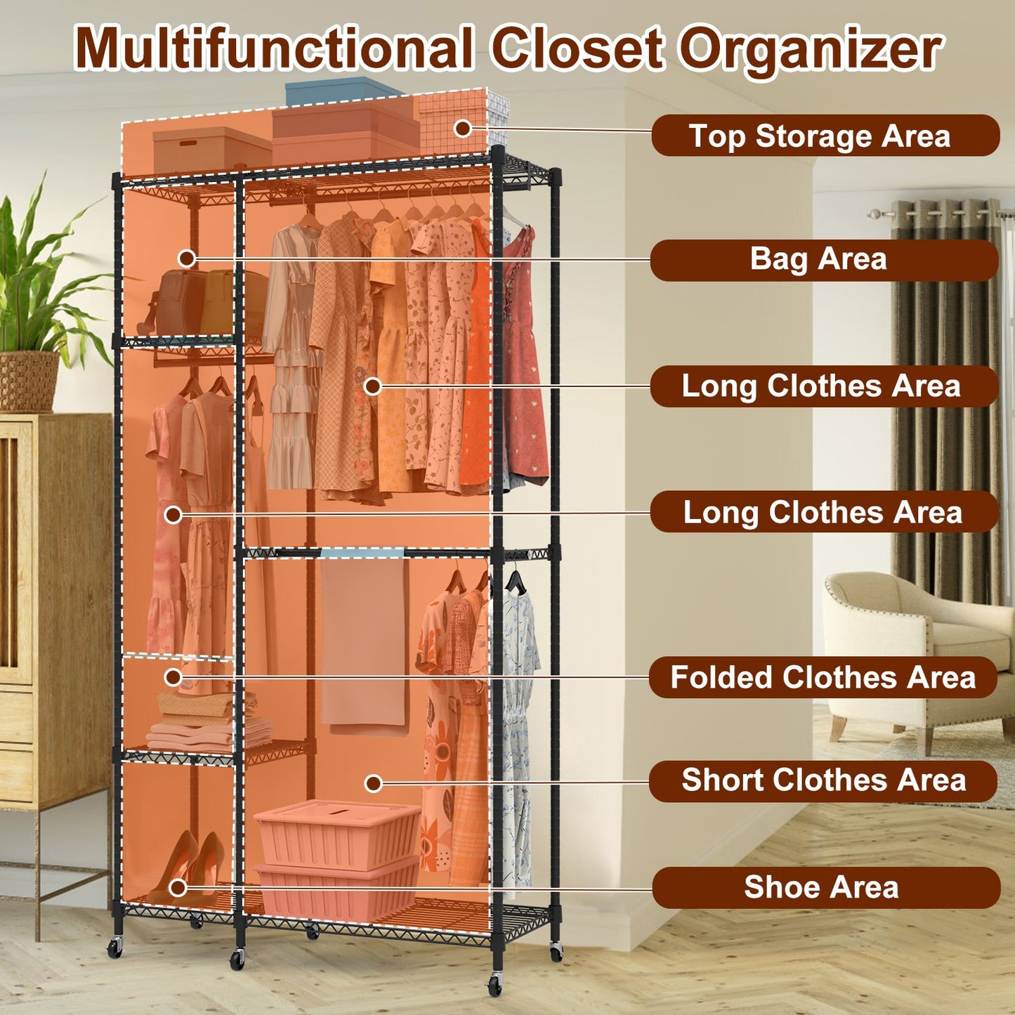 4-Tier Heavy-Duty Clothing Rack – Wheeled Steel Wardrobe Organizer