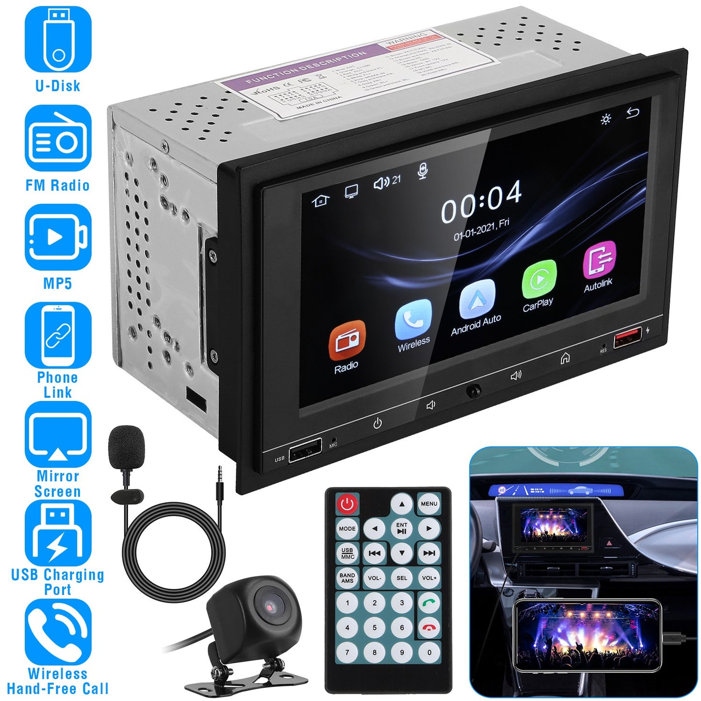 7In Universal Wireless Car MP5 Player 1080P Video Player Stereo Audio FM Radio Aux/USB Input with Rear View Camera Remote Control