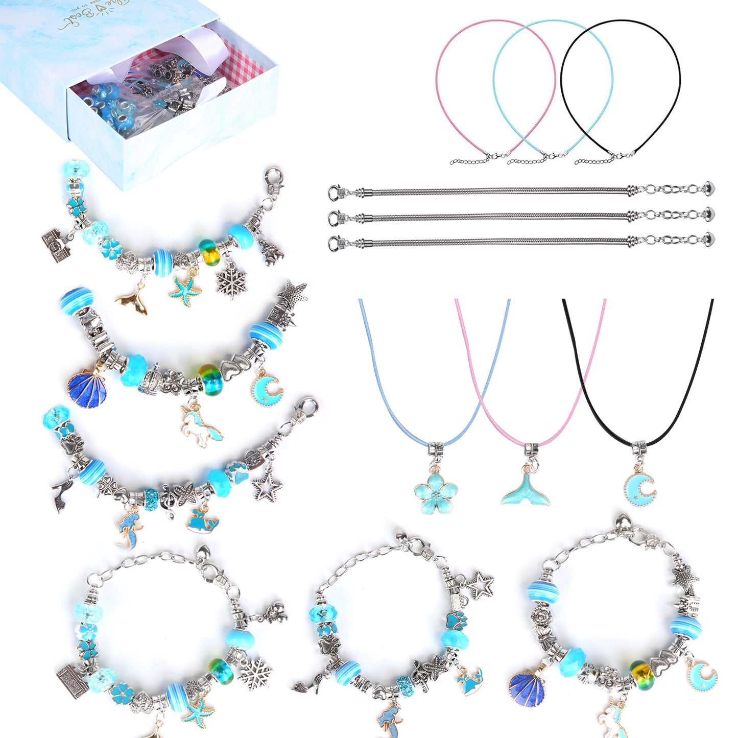66Pcs Charm Bracelet Making Kit Kids\' Jewelry Necklace Making Kits Colorful DIY Charm Beads Pendant SetÊJewelry Decor Supplies with Gift Box for 5-12