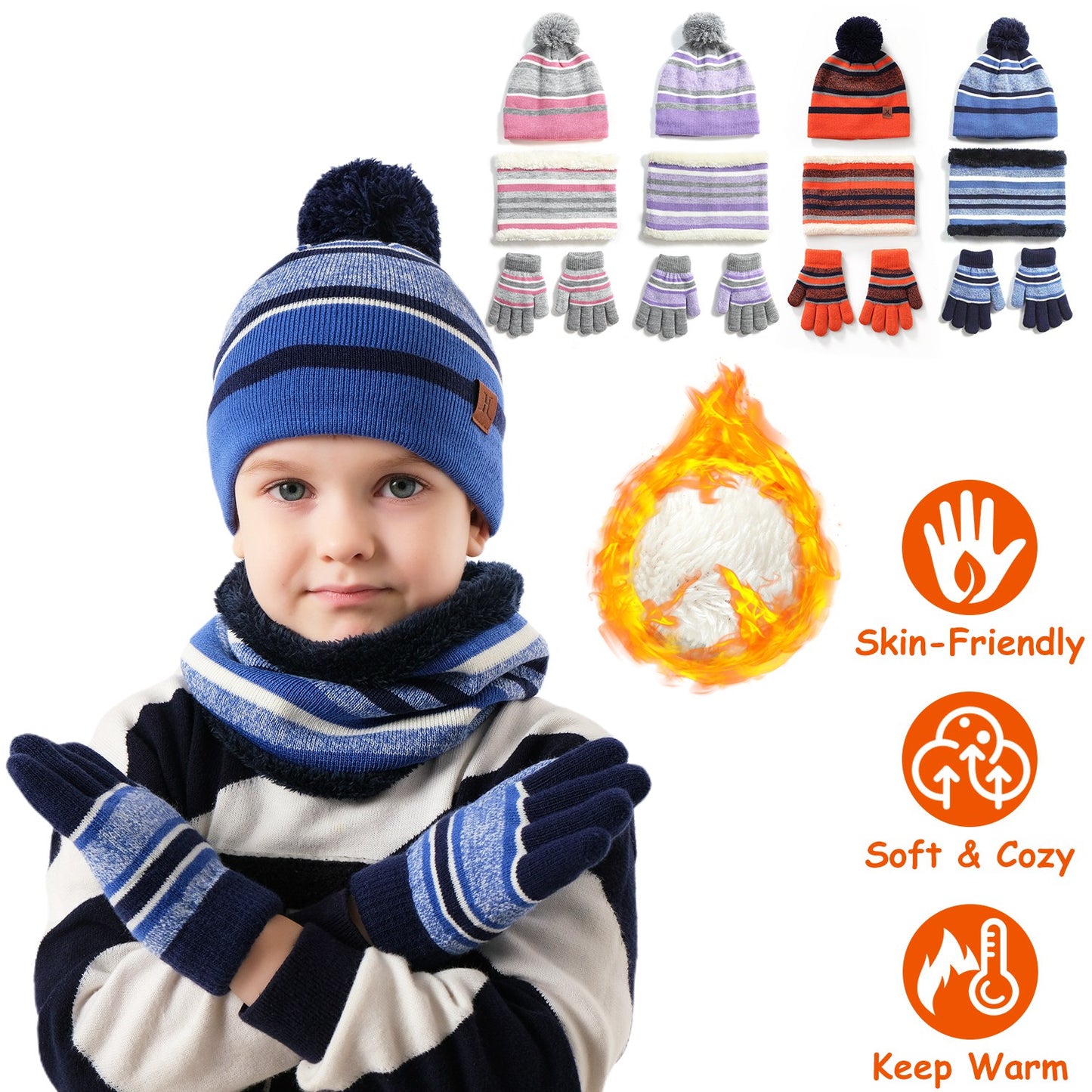 Winter Kids Knitted Hat Scarf Gloves 3Pcs Boys Girls Winter Warm Beanie Hat and Glove Scarf Set Beanie Neck Warmer Mittens for 4-7-Year-Old Kids