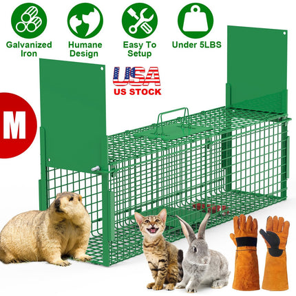 32in 2 Door Live Animal Cage Trap For Animals Under 12LBS Easy To Setup Humane Galvanized Iron Trap Cage For Rabbits Groundhogs Skunk Opossums Nutria