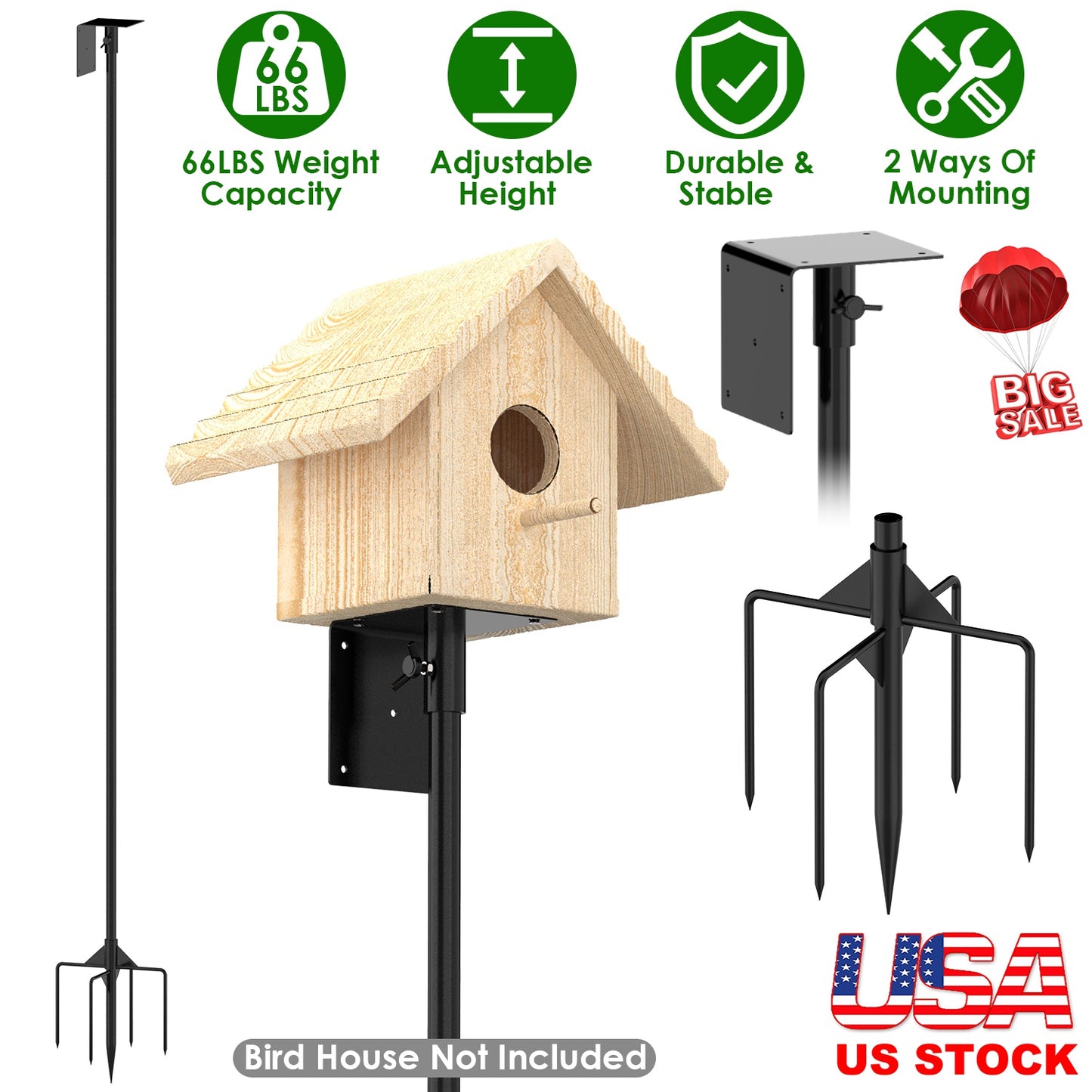79.92in Bird House Pole Kit Height Adjustable Bird Feeder PoleÊMount Kit Heavy Duty Bird House Pole Set with 5 Prongs Base for Bird House Bird Feeder