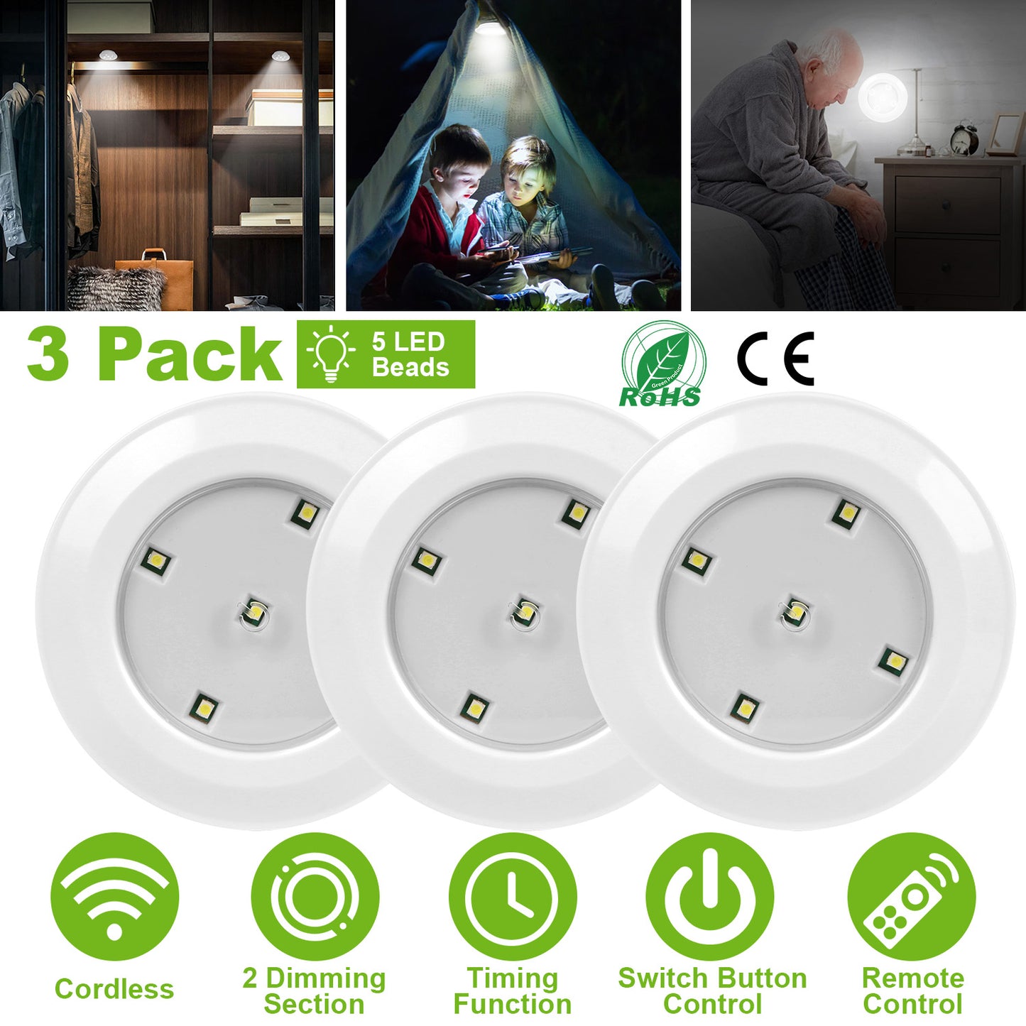 3Pcs LED Night Light Cordless Battery-Powered Closet Lamp Dimmable w/ Remote Stick-on