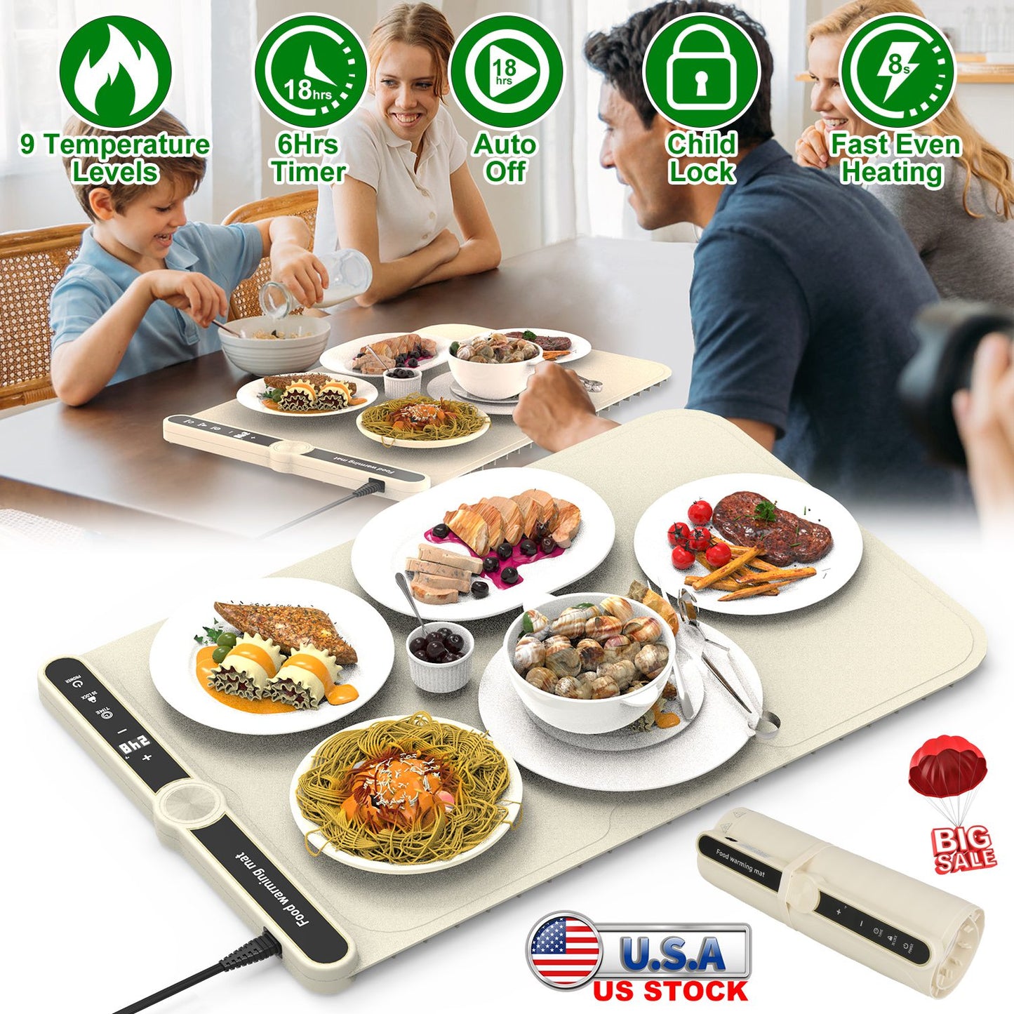 Silicone Food Warming Mat With 9 Temperature Levels 6Hrs Timer Child Lock Auto Shut Off Roll-Up Electric Warming Tray For Party Buffet Gathering Daily