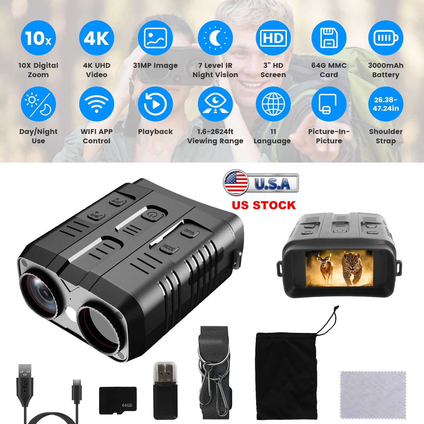 Night Vision Goggles 4K Full-Color BinocularsÊ10XÊZoom with 2624ft Viewing Range 3\'\' Screen 64G MMC Card WIFI APP Control Save Photo and Video for C