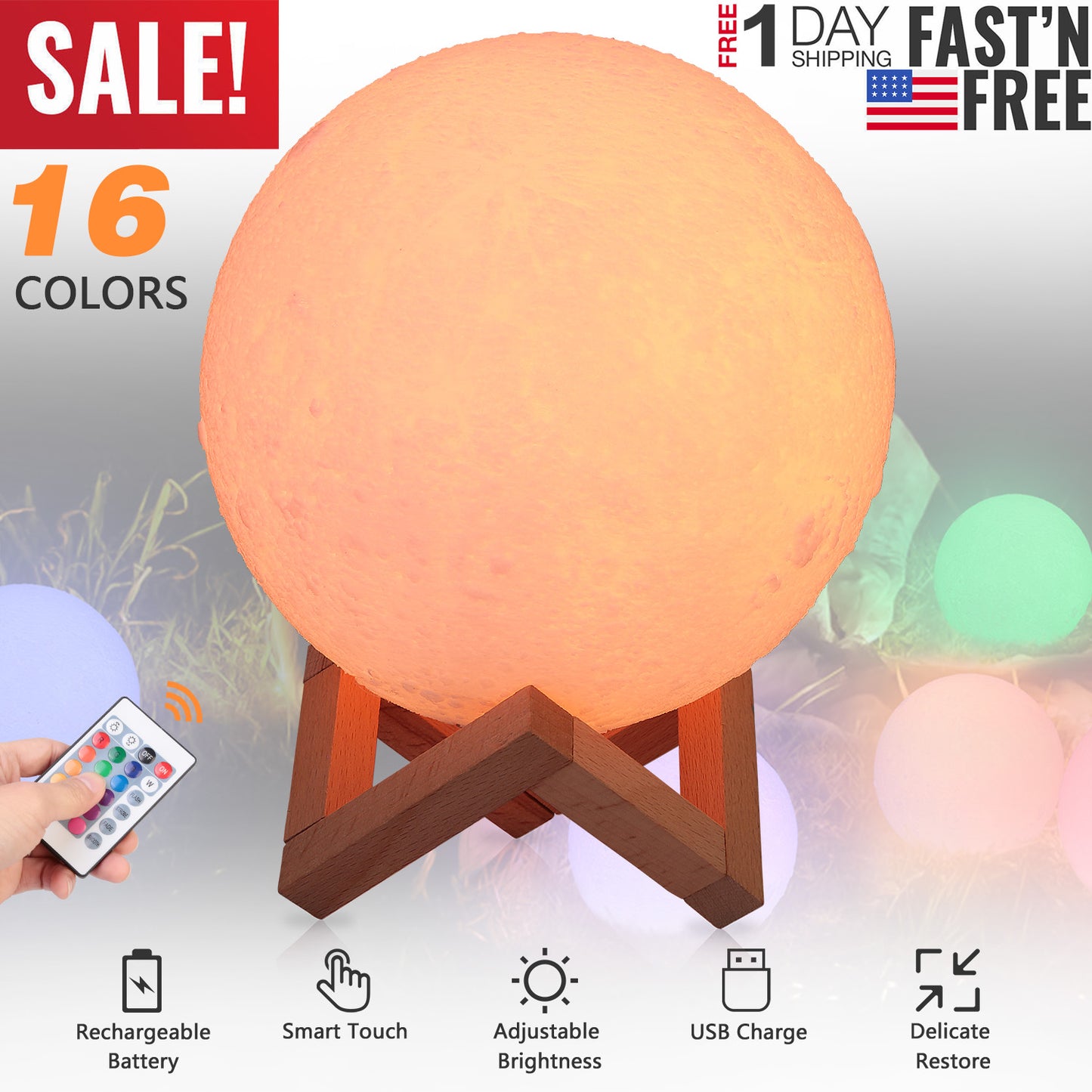 Moon Lamp 3D Printed Night Light 16 Colors Decorative Moon Light Touch Remote Control 3.15in