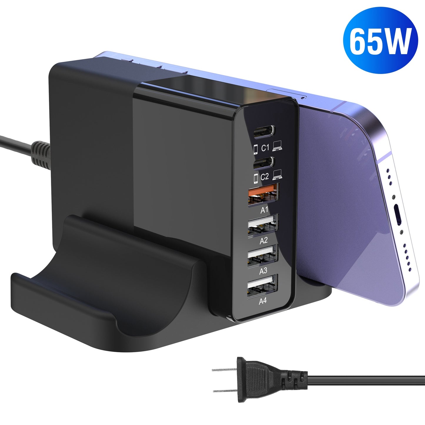 USB Fast Charger 65W 6-Port Fast Charging Station Type-C Wall Charger PD Adapter with 2 Type-C Ports 4 USB-A Ports Fit for IOS Phone 13/ iPad/ Galaxy/