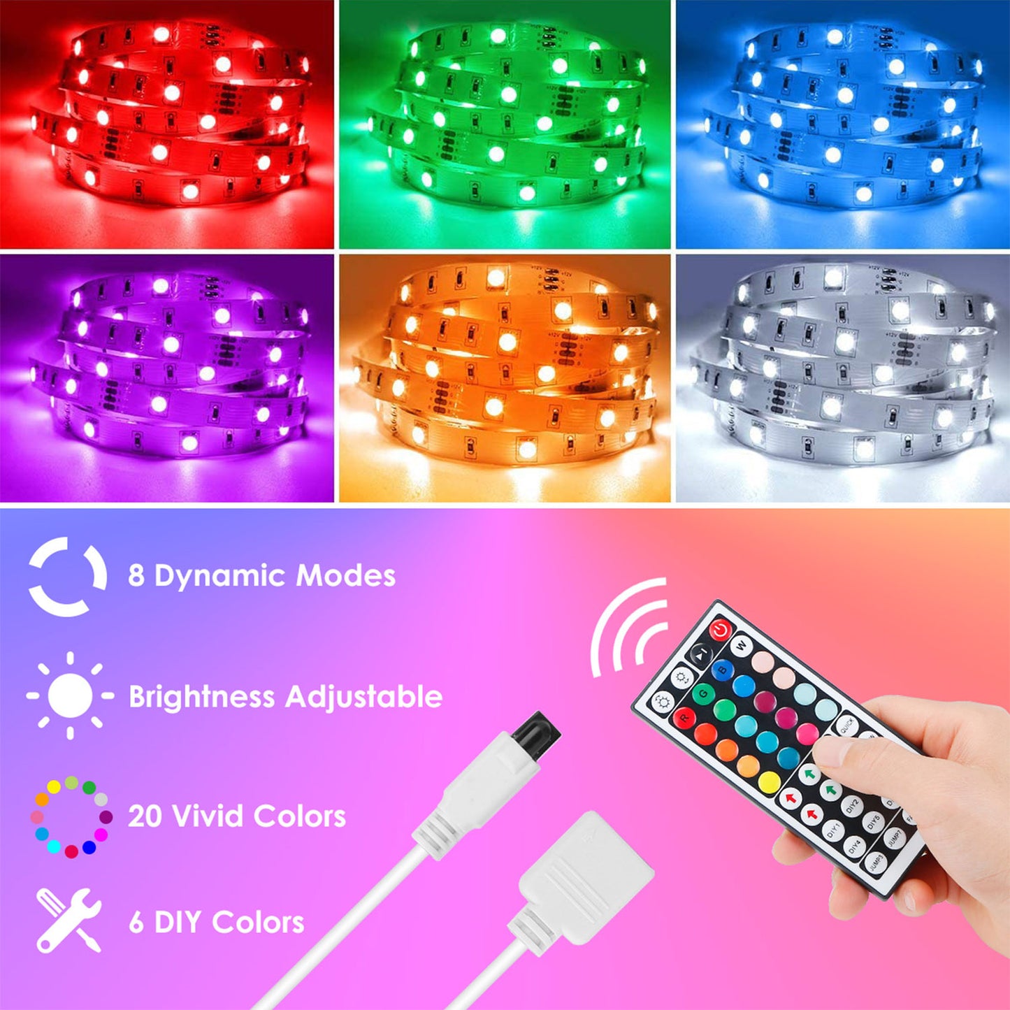 LED Strip Lights 16.4FT 150 LEDs RGB Color Changing Lamp IP65 Waterproof 5050 LED Dimmable LED Decorative Lights DIY Strip Lights w/ IR Remote