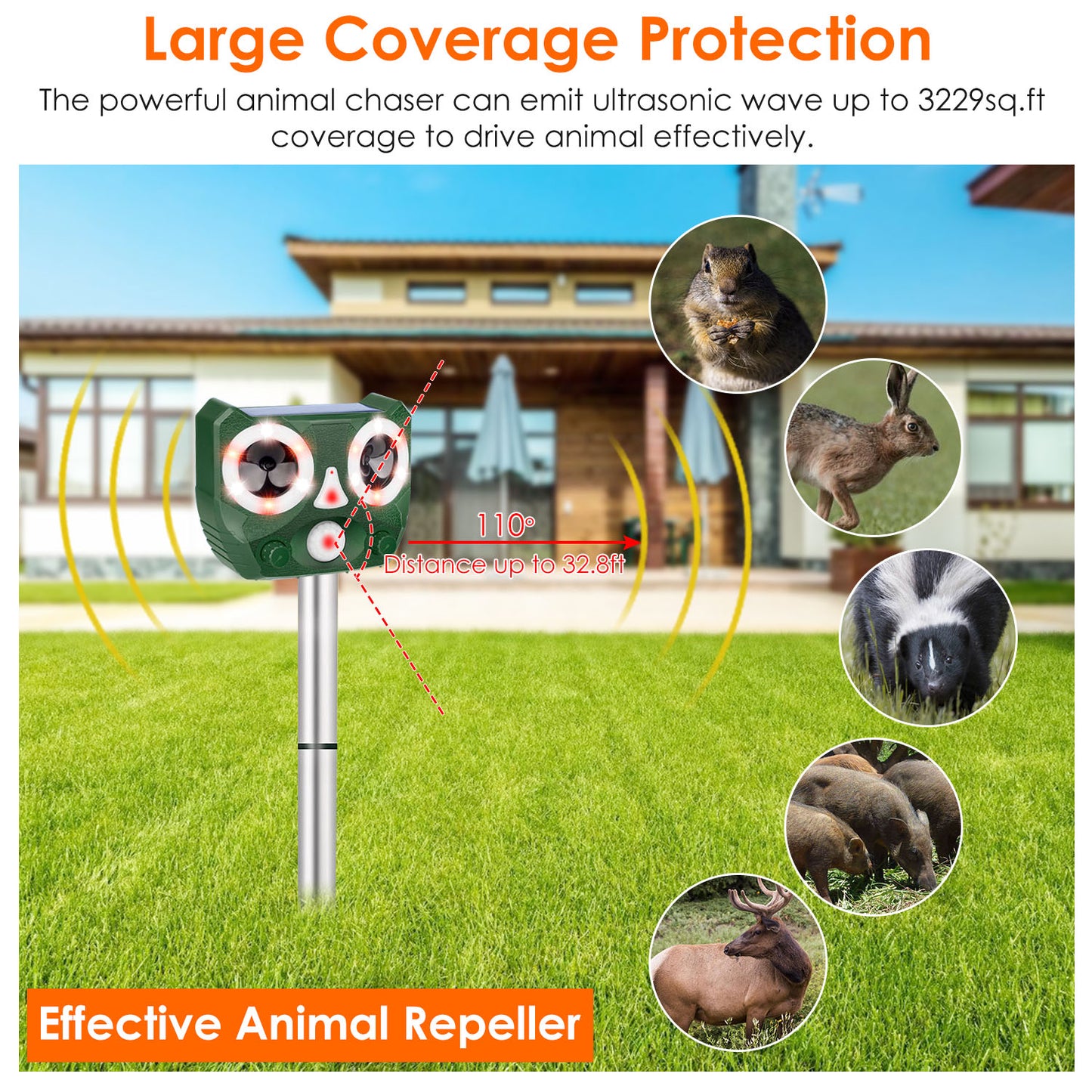 Ultrasonic Animal Repeller Solar Powered Animal Repellent Motion Sensor Animal Chaser IP55 Waterproof for Farm Garden Yard to Drive Deer Raccoon Squir