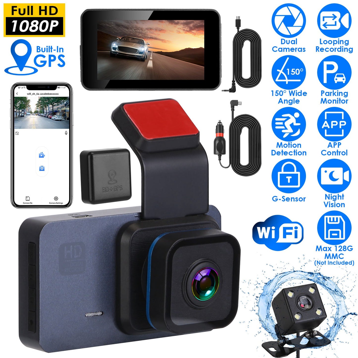 1080P Dual Lens Dash Cam Vehicle Driving Recorder Car DVR with WiFi GPS G-Sensor APP Control Motion Detection Parking Monitor Night Vision