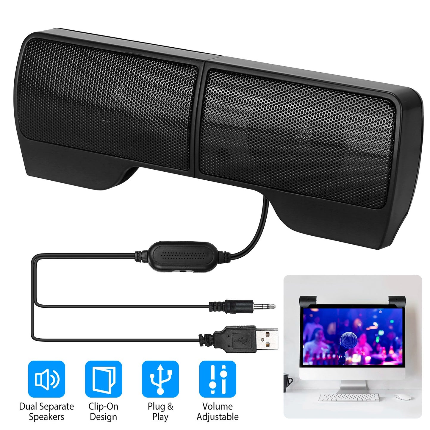 Clip-On Computer Sound Bar Portable USBÊStereo Mini Wired Speaker w/ Volume Control 3.5mm Jack For Desktop Computer Laptop Notebook PC Tablets Plug An