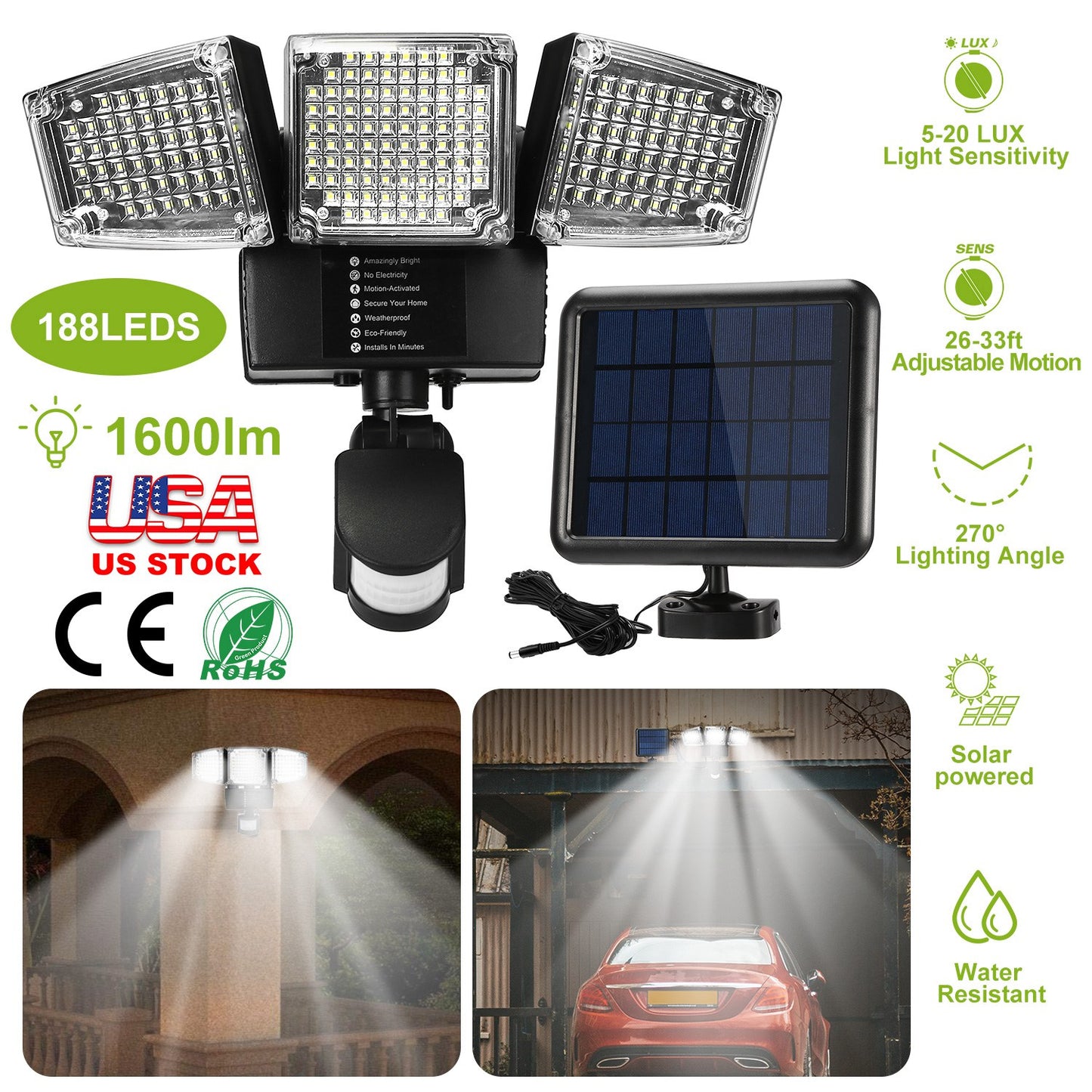 Solar Lights Outdoor 188 LEDs 1600lm Solar Security Lights Motion Sensor Lights 270¡Lighting Angle Waterproof Dusk to Dawn Solar Wall Lights 360¡Rotat