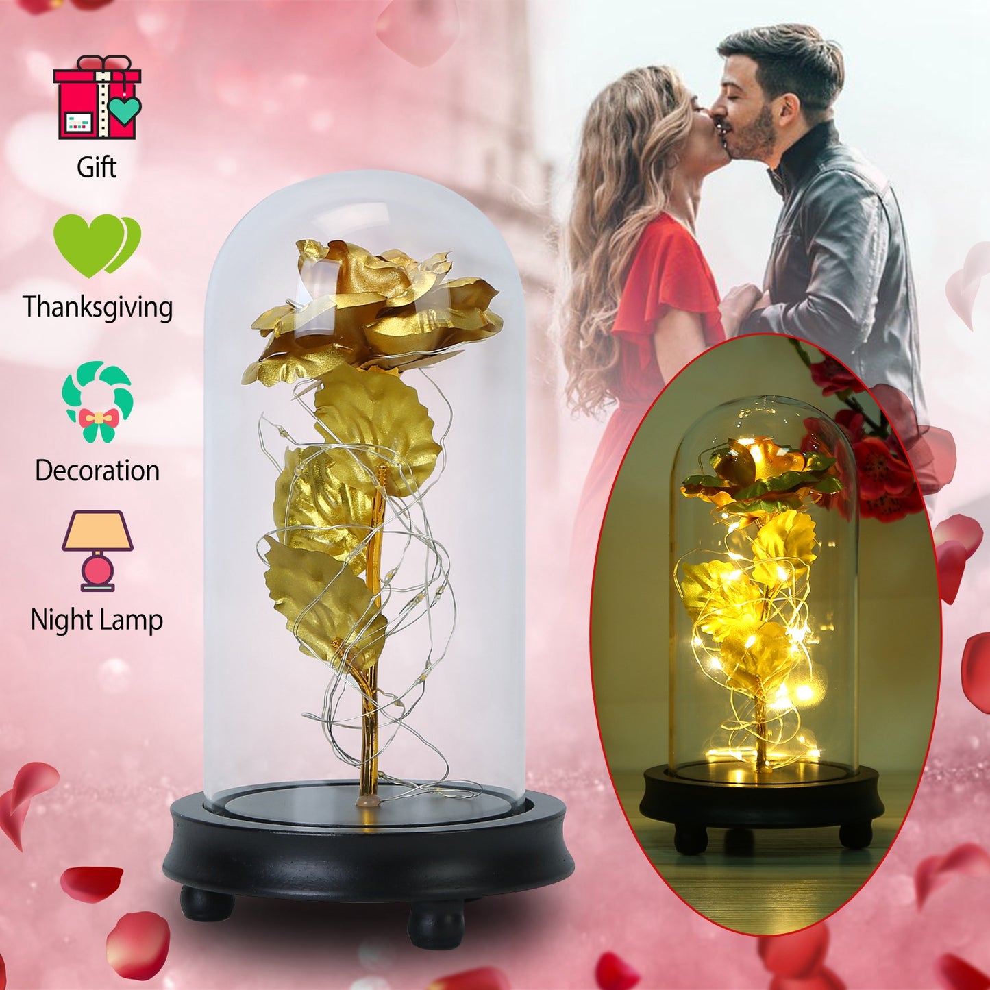 Foil Rose LED String Light Rose Fairy Lamp w/ Glass Dome For ValentinesÕ Day MotherÕs Day Wedding Birthday
