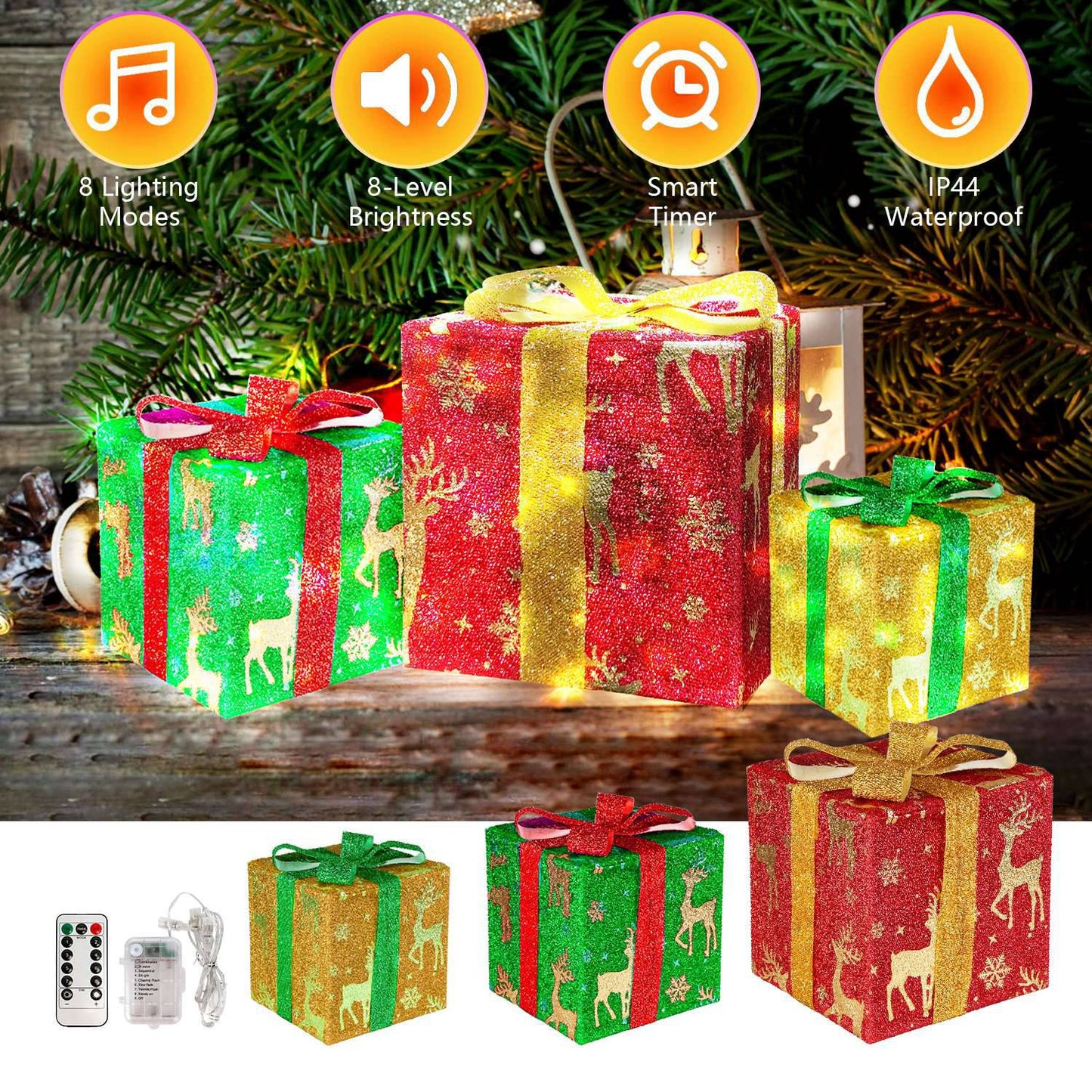 Set of 3 Christmas Lighted Gift Boxes Xmas Present Ornament 50 LED Christmas Box Decorations with Ribbon Bows IP44 Waterproof Battery Powered for Indo