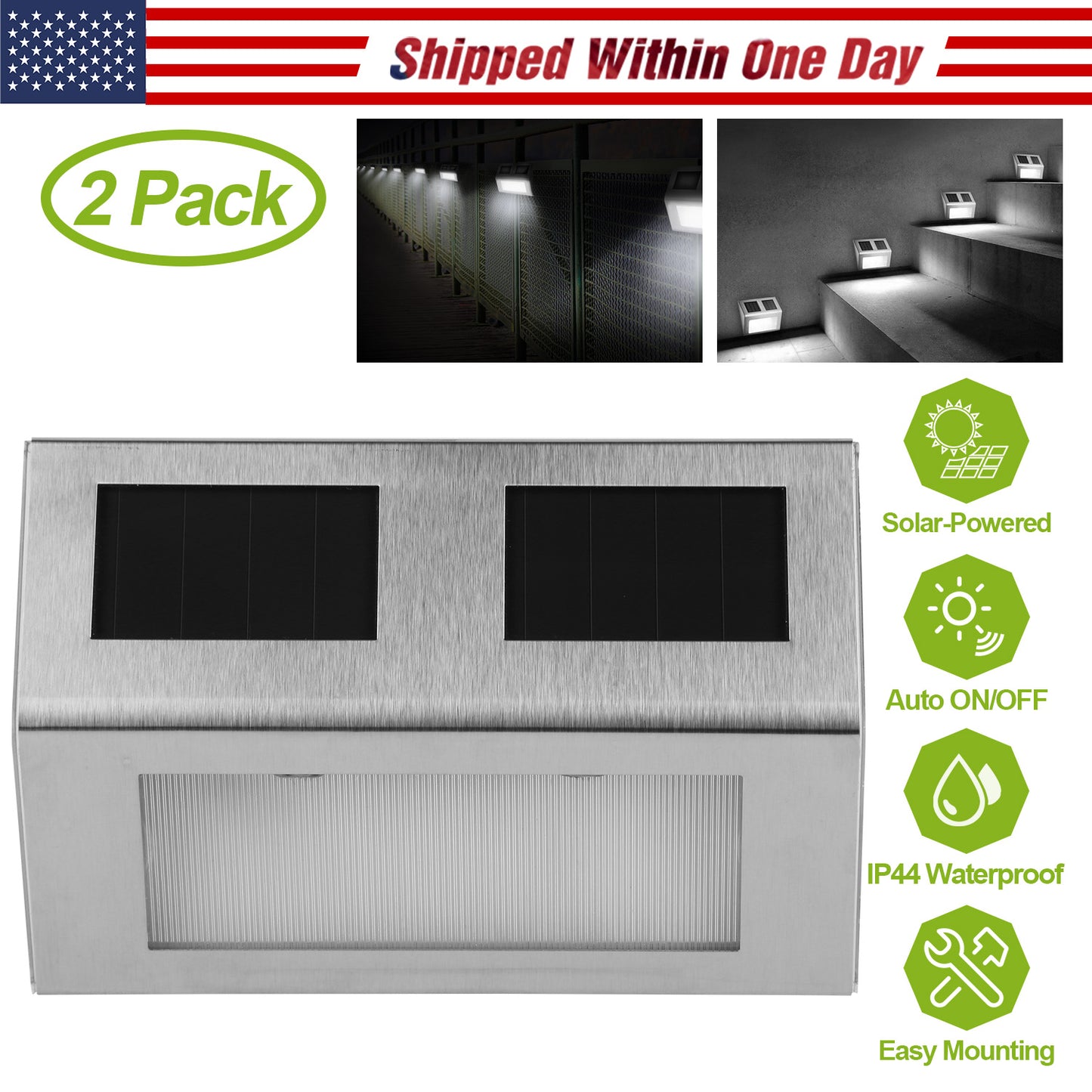 2 Pack Solar Light 2 LEDs Wall Lamp Stair Step Outdoor Waterproof Security Light with Auto On/Off for Stairs Fence Garden Landscape Lighting
