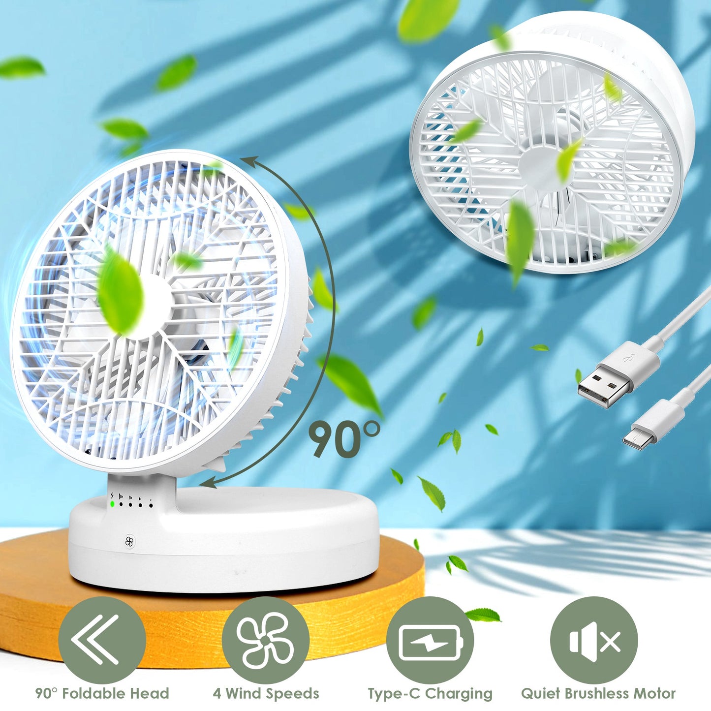 Quiet Table Fan 90¡ Foldable Desk Fan with 4 Wind Speeds Type-C Rechargeable Wall-Mounted Fan Portable Desktop Fan for Home Bedroom Kitchen Office Out