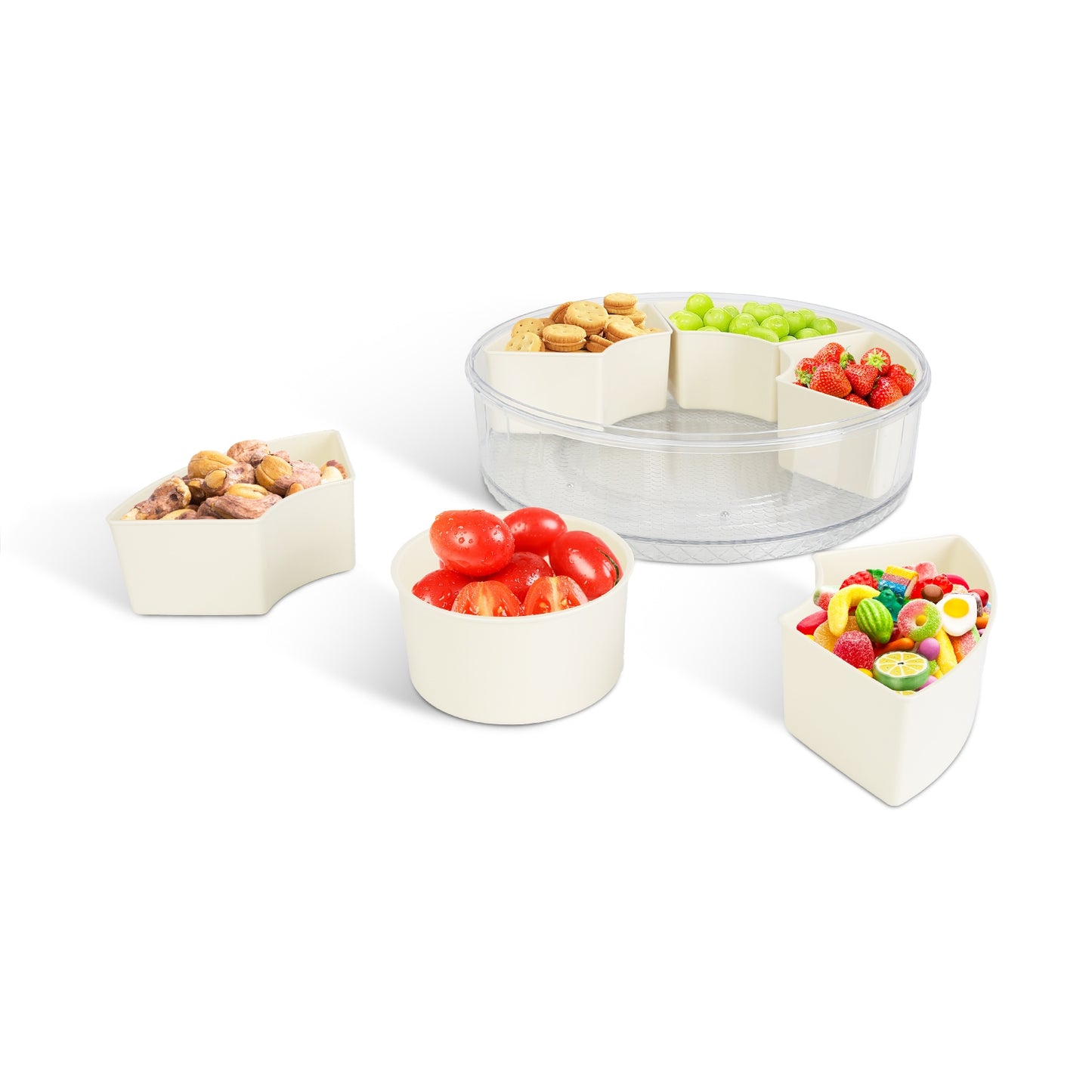 2Pcs Divided Serving Tray with Lid and Handle 360¡ Rotatable Snack Box Container with 6 Dividers Clear Portable Snack Platters for Fruit Candy Nut Sna