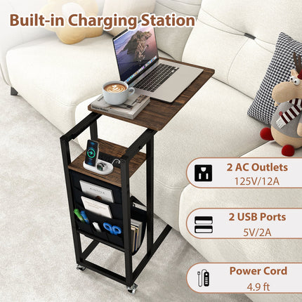 C-shaped End Table with Charging Station and Retractable Tabletop-Coffee