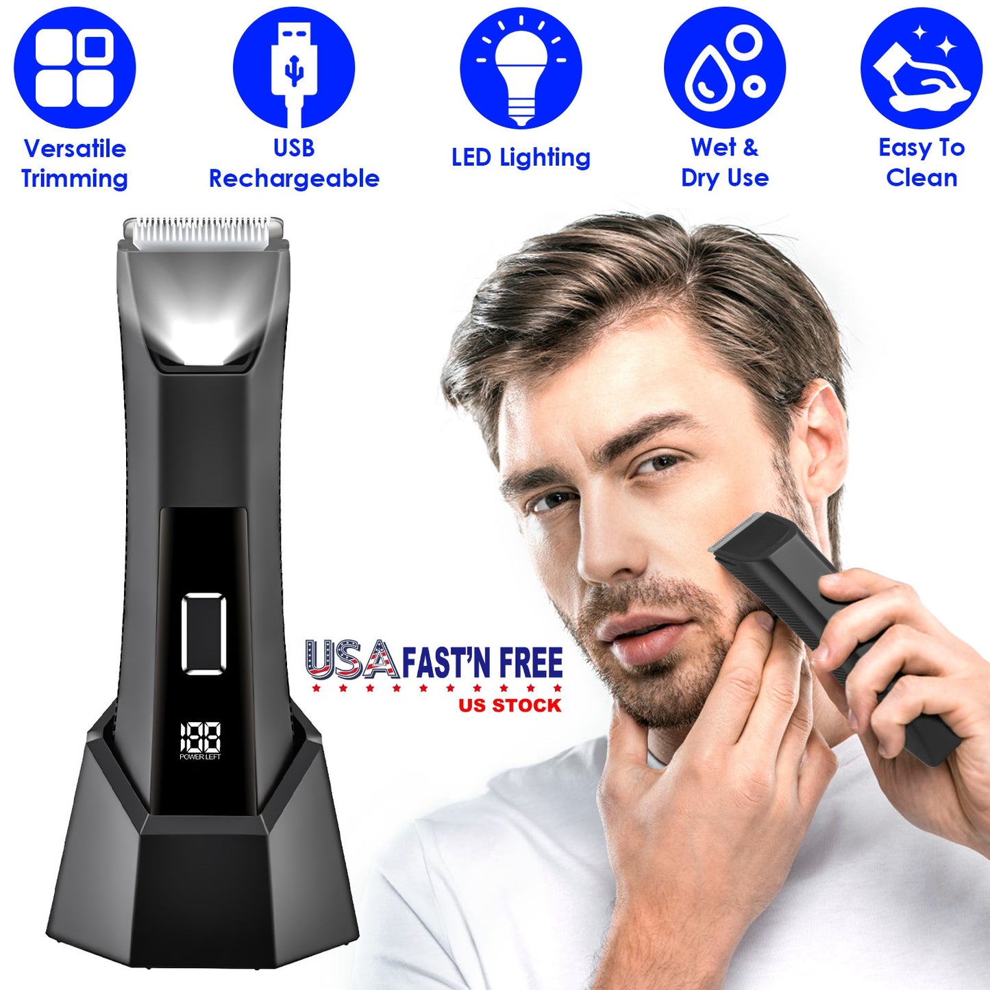 2 In 1 Electric Body Trimmer for Men Cordless Beard Groin Ball Pubic Hair Shaver IPX7 Waterproof Razor with LED Light LCD Display Guard Comb Shaving H
